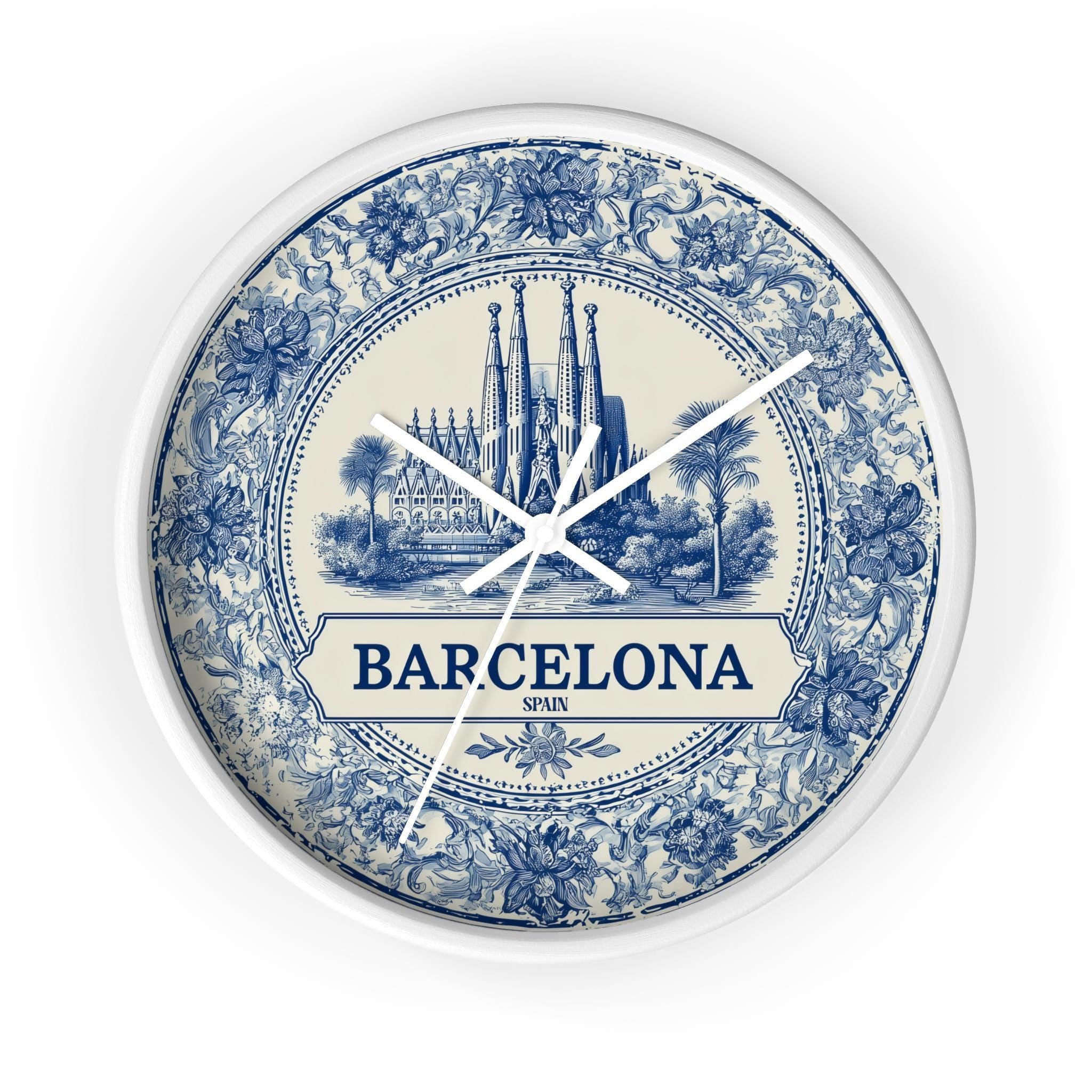 Barcelona Spain Wall Clock, Delf style Home Decor, Vintage City Travel Keepsake Art