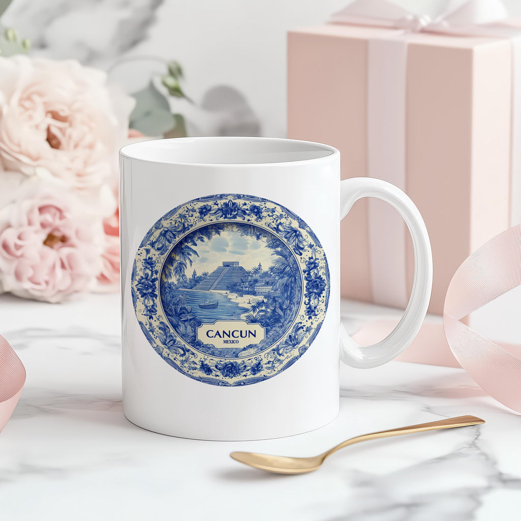 Cancun Mexico Mug, Custom Delft Style cup, Personalized Vintage Travel City Gift