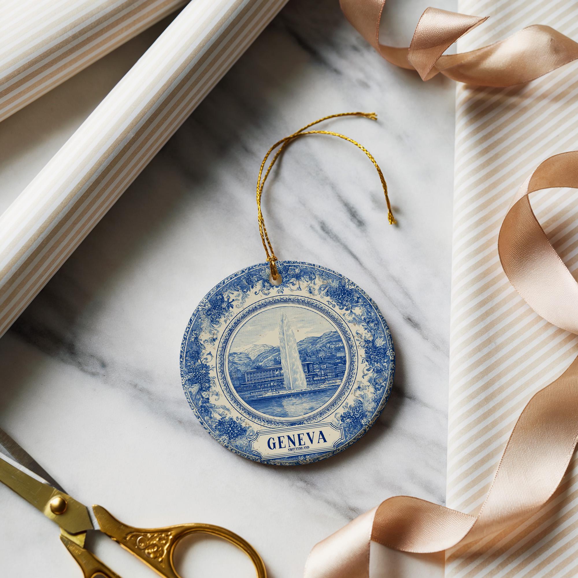 Custom Geneva Switzerland Ceramic Delft Ornament, Christmas Delftware Blue Delftware city travel