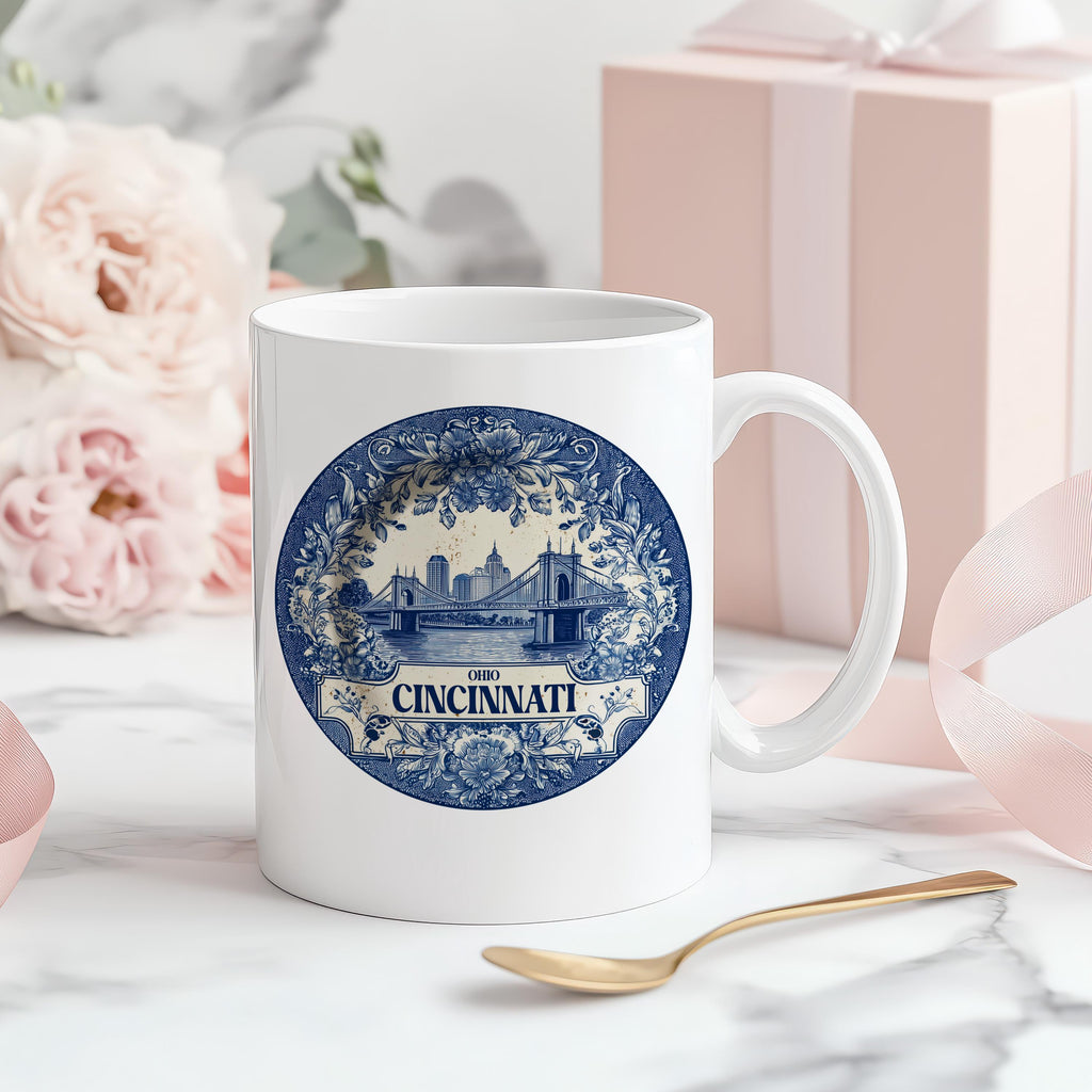 Cincinnati Ohio Mug, Custom Delft Style cup, Personalized Vintage Travel City Gift
