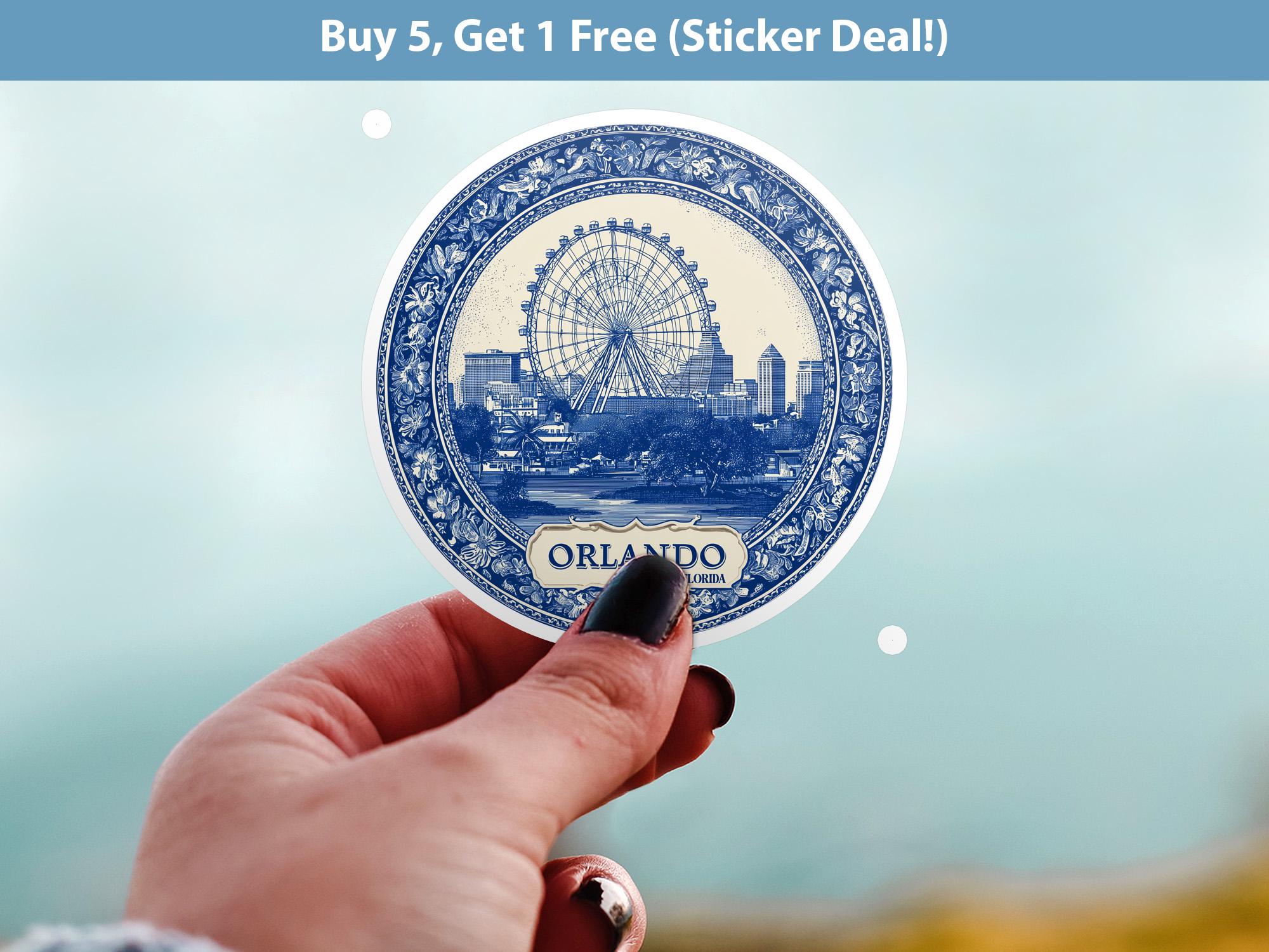 Orlando Florida Sticker Vintage Delft style, Delftware Decal Waterproof Vinyl, Blue City Travel