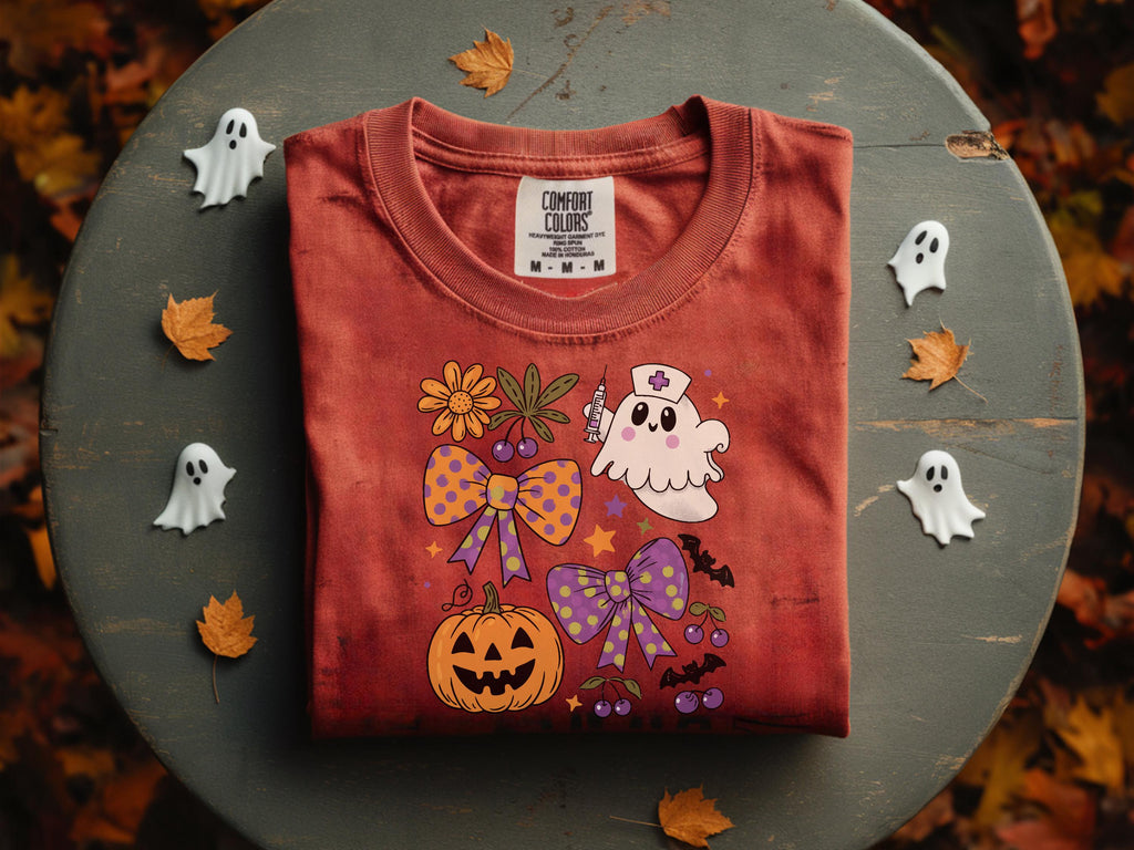 Halloween Nurse Shirt, Cute Ghost Pumpkin RN Tee, Retro Fall Medical Top with Bows, Spooky Trick or Treat Outfit, Funny Gift for Nurse