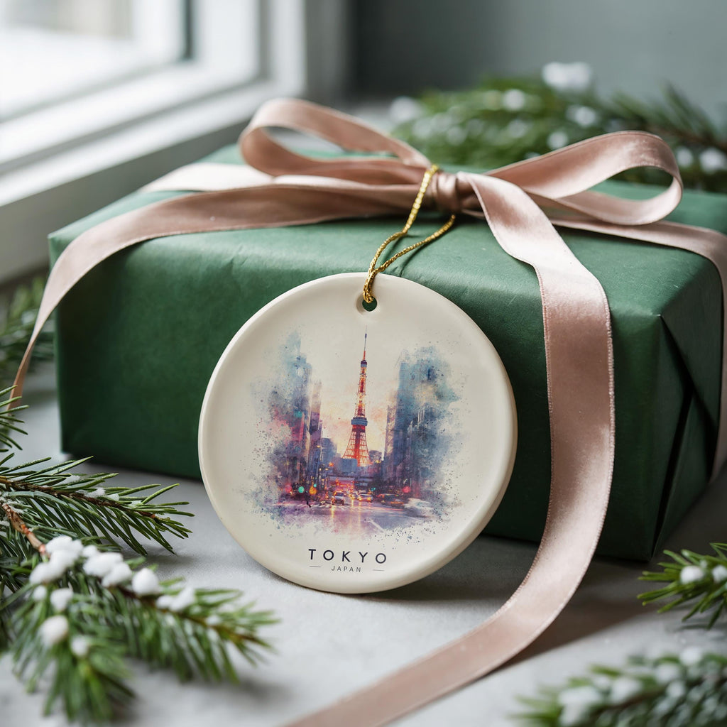 Tokyo Japan Personalized Watercolor Ornament, Custom Ceramic Christmas gift, Travel Keepsake