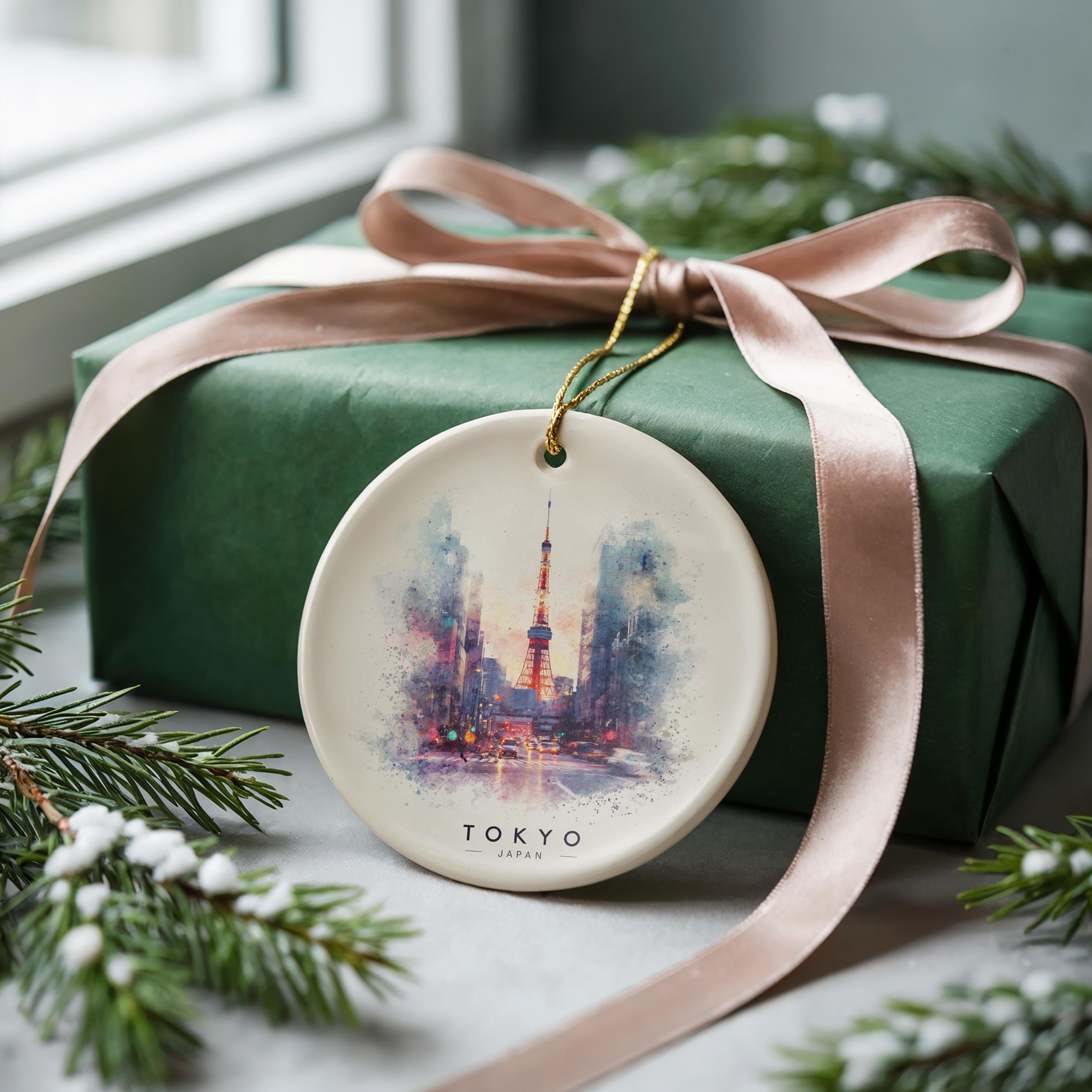 Tokyo Japan Personalized Watercolor Ornament, Custom Ceramic Christmas gift, Travel Keepsake