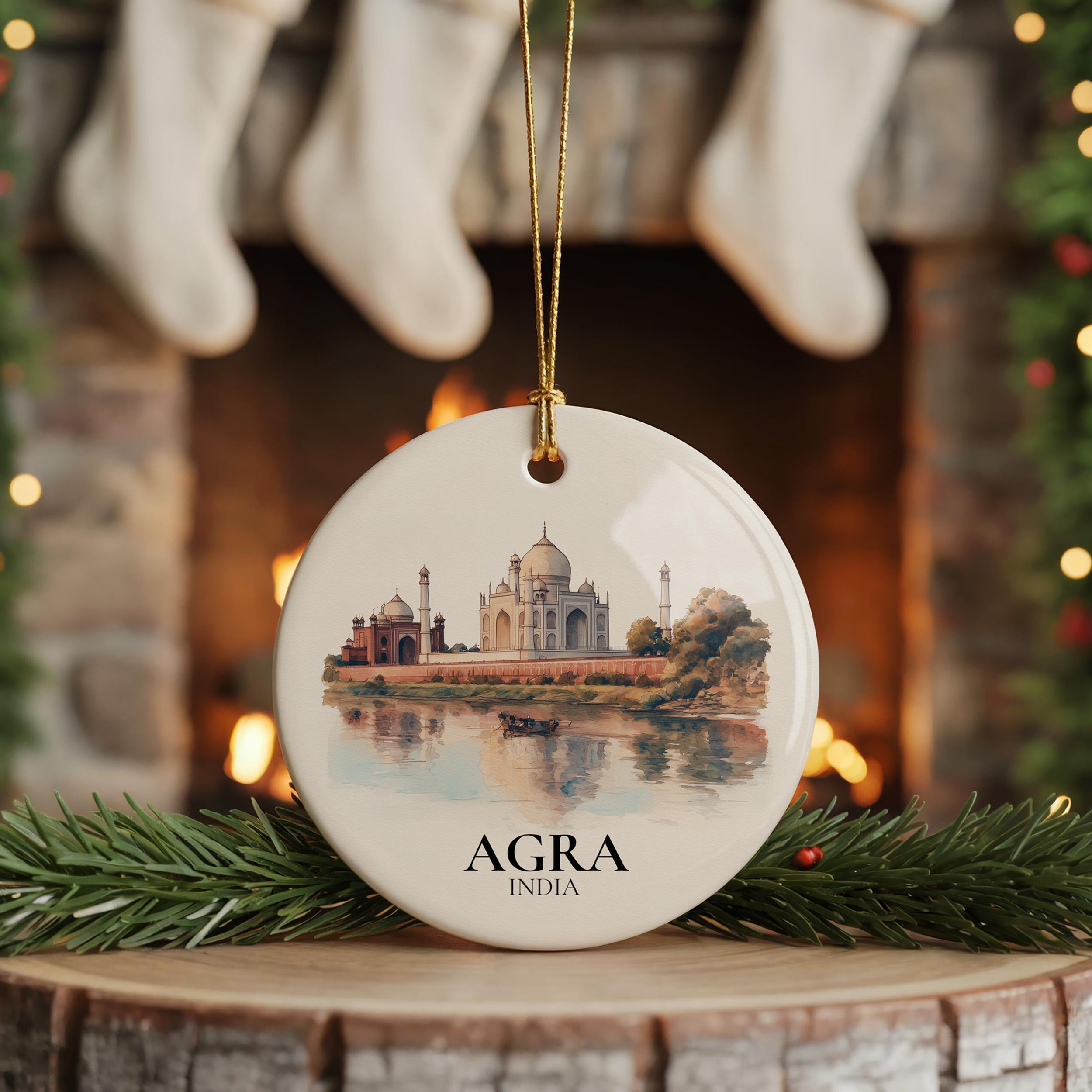 Agra India Personalized Watercolor Ornament, Custom Ceramic Christmas gift, Travel Keepsake