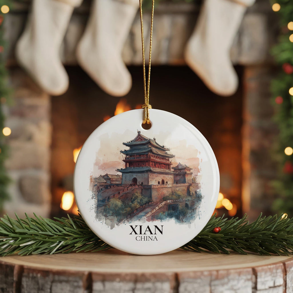 Xian China Personalized Watercolor Ornament, Custom Ceramic Christmas gift, Travel Keepsake