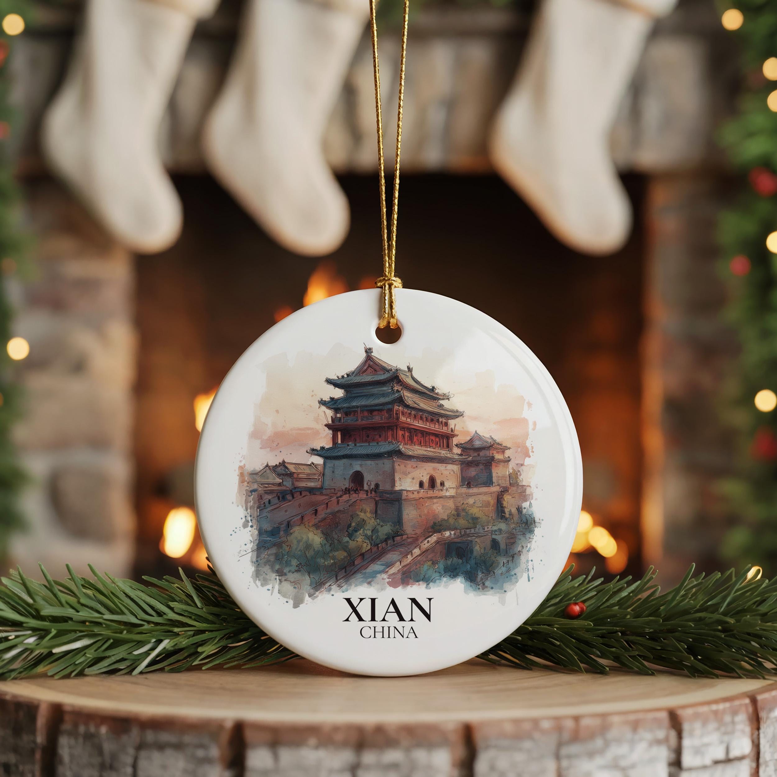 Xian China Personalized Watercolor Ornament, Custom Ceramic Christmas gift, Travel Keepsake
