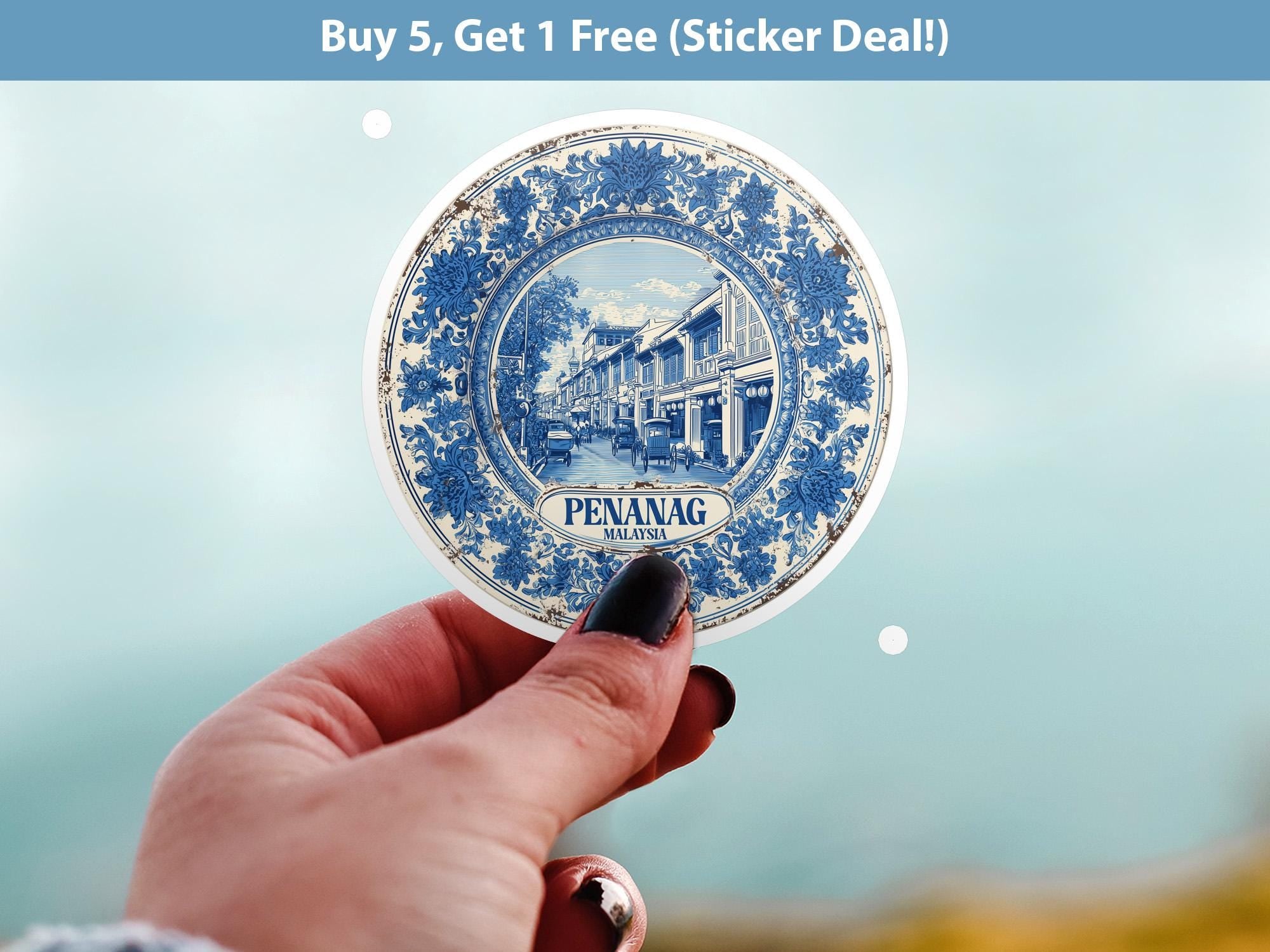 Penang Malaysia Sticker Vintage Delft style, Delftware Decal Waterproof Vinyl, Blue City Travel