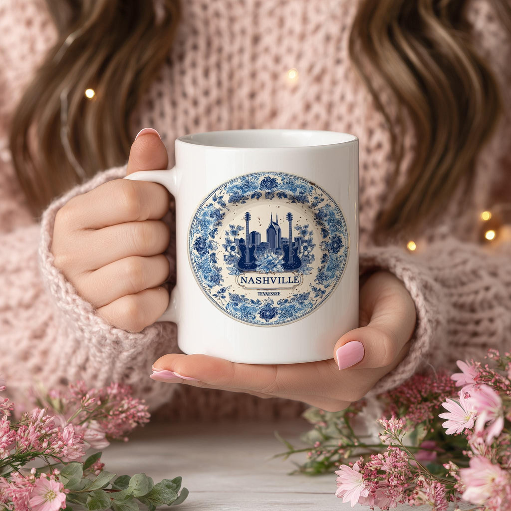 Nashville Tennessee Mug, Custom Delft Style cup, Personalized Vintage Travel City Gift