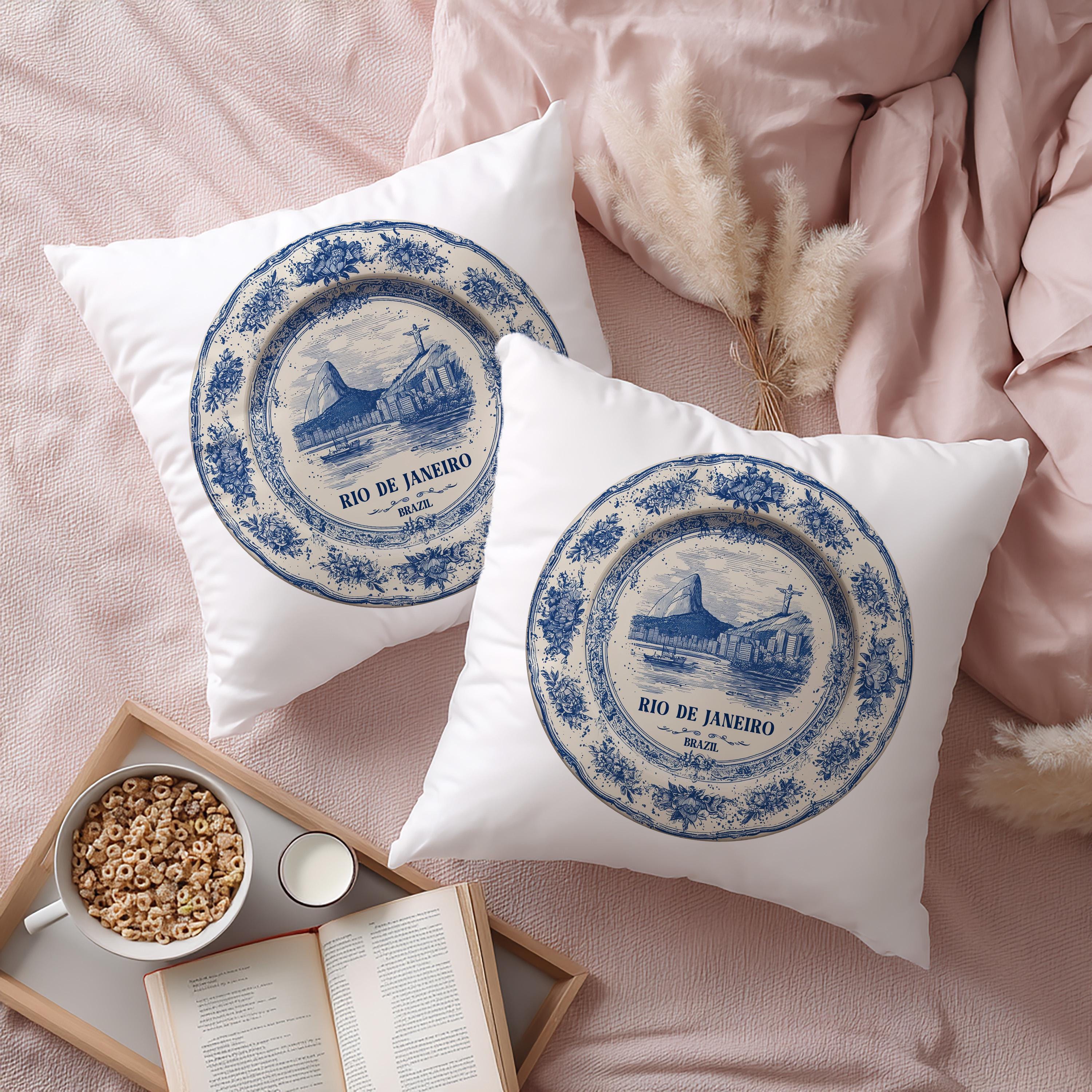 Rio Brazil Pillowcase, Delft Style Decorative Throw Pillow, Vintage Cityscape Retro Home Decor