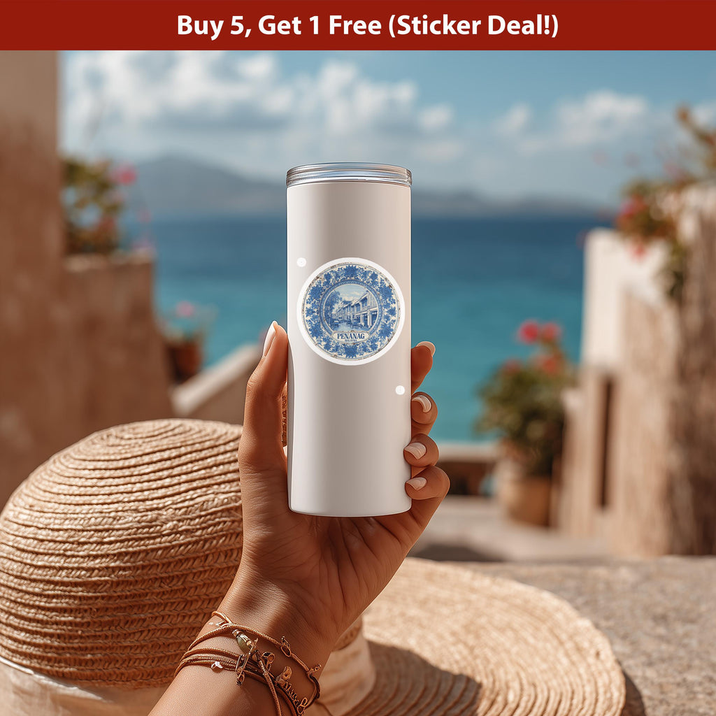 Penang Malaysia Sticker Vintage Delft style, Delftware Decal Waterproof Vinyl, Blue City Travel
