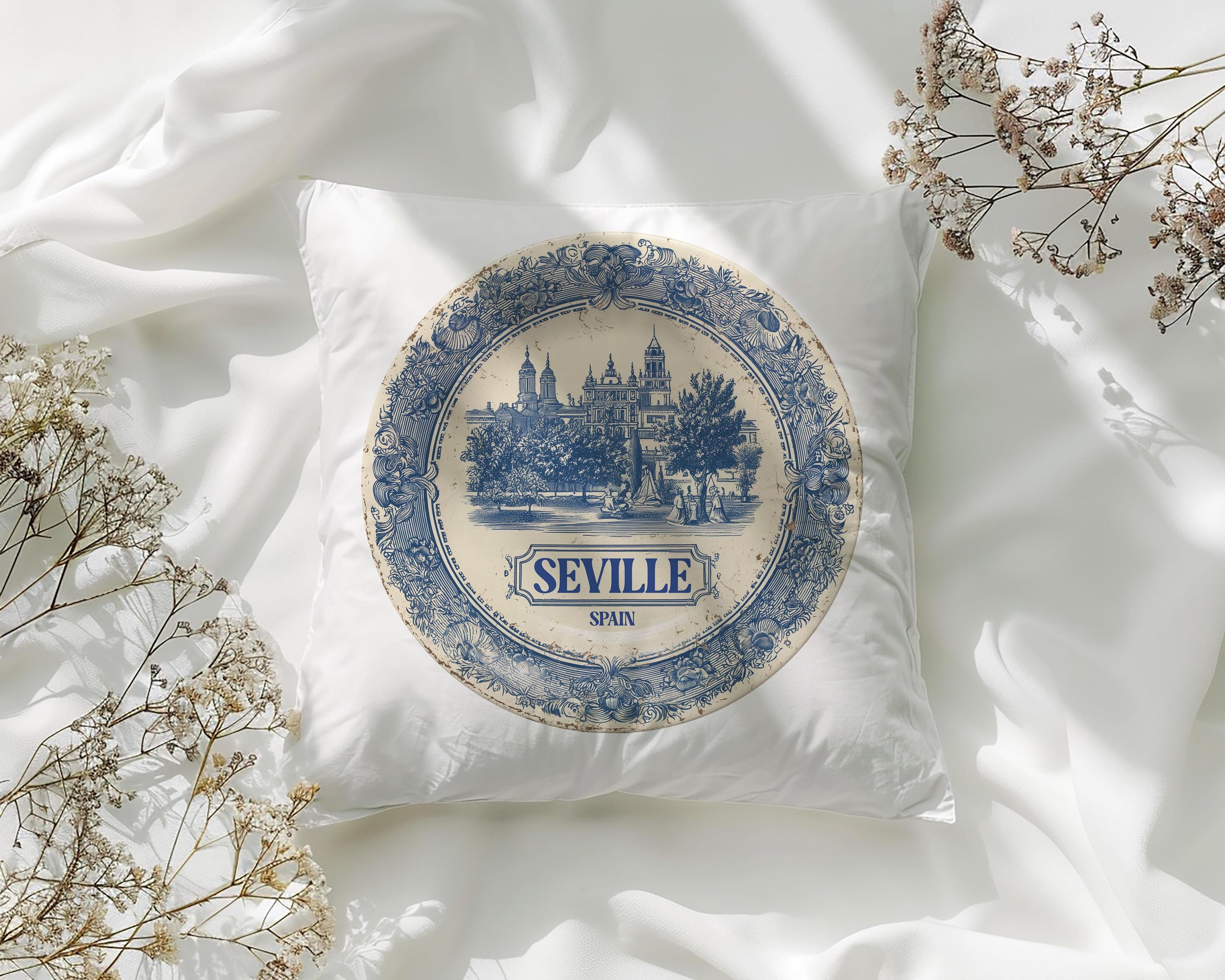 Seville Spain Pillowcase, Delft Style Decorative Throw Pillow, Vintage Cityscape Retro Home Decor