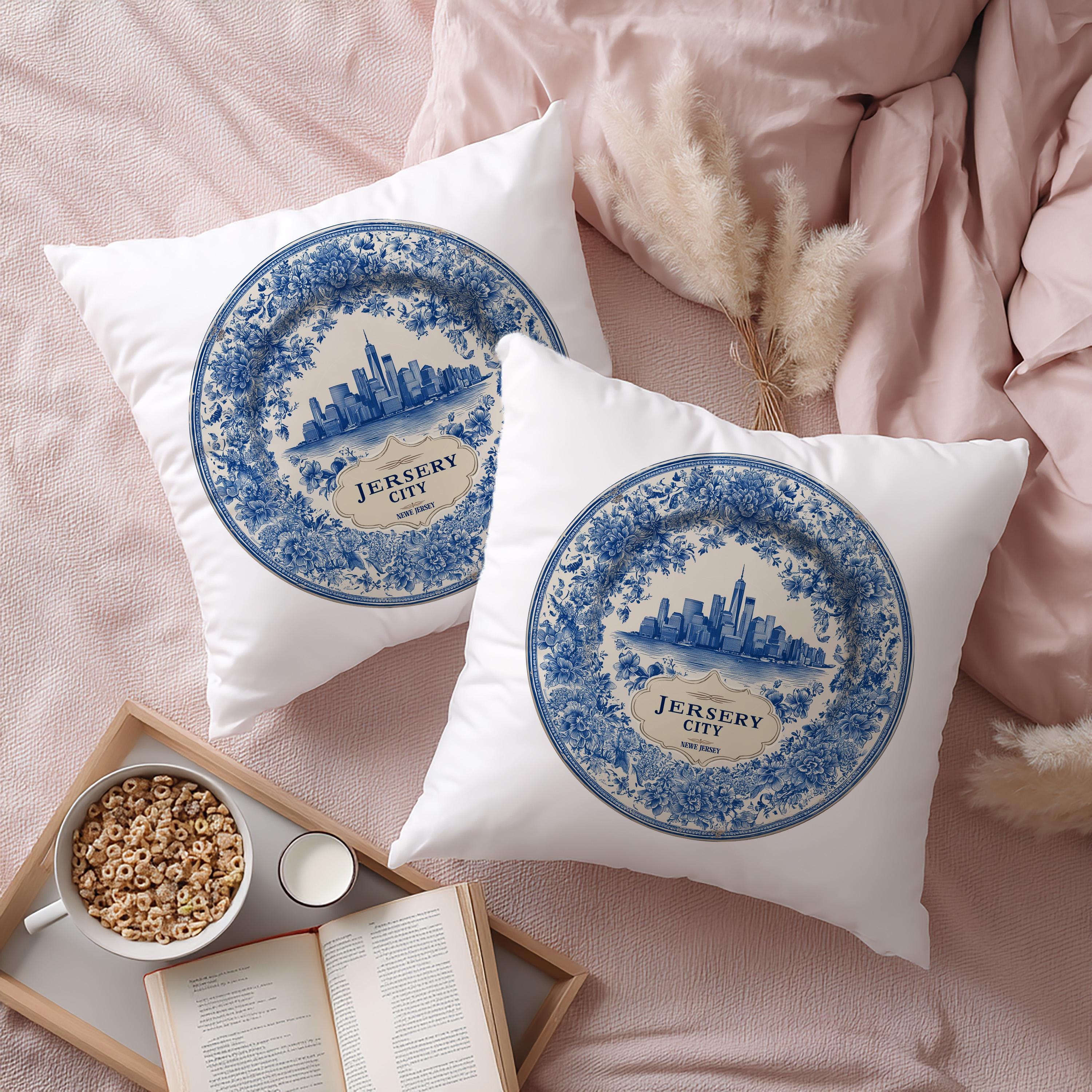 Jersey City New Jersey Pillowcase, Delft Style Decorative Throw Pillow, Vintage Cityscape Retro Home Decor
