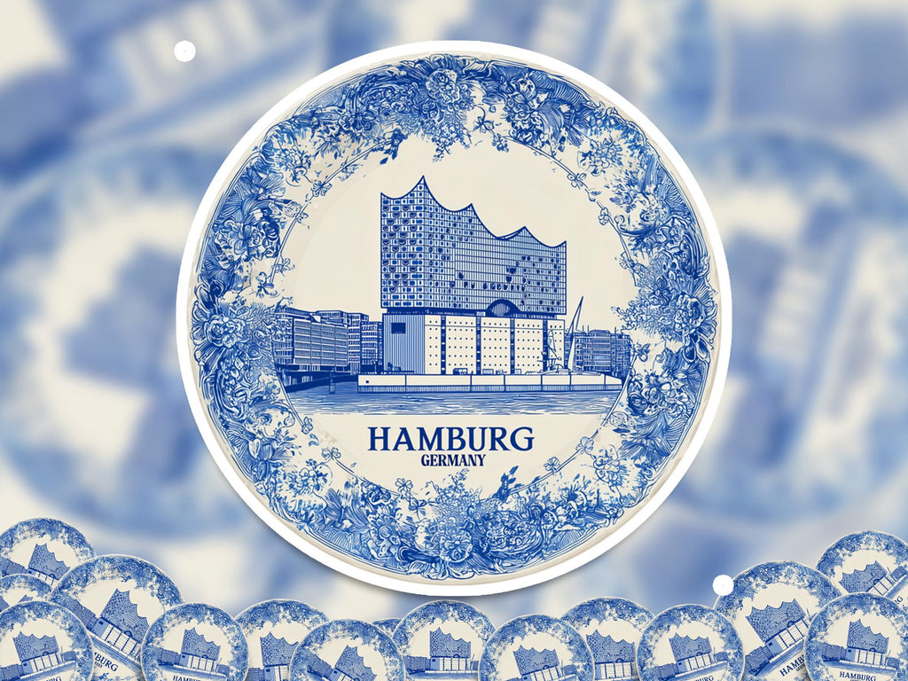 Hamburg Germany Sticker Vintage Delft style, Delftware Decal Waterproof Vinyl, Blue City Travel
