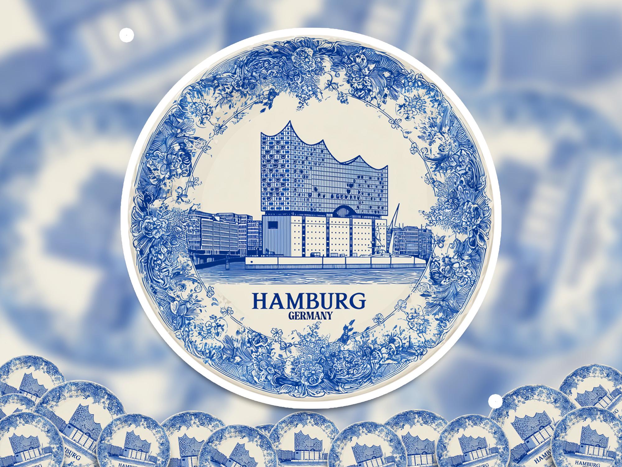 Hamburg Germany Sticker Vintage Delft style, Delftware Decal Waterproof Vinyl, Blue City Travel