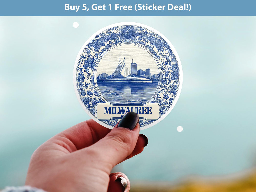 Milwaukee Wisconsin Sticker Vintage Delft style, Delftware Decal Waterproof Vinyl, Blue City Travel