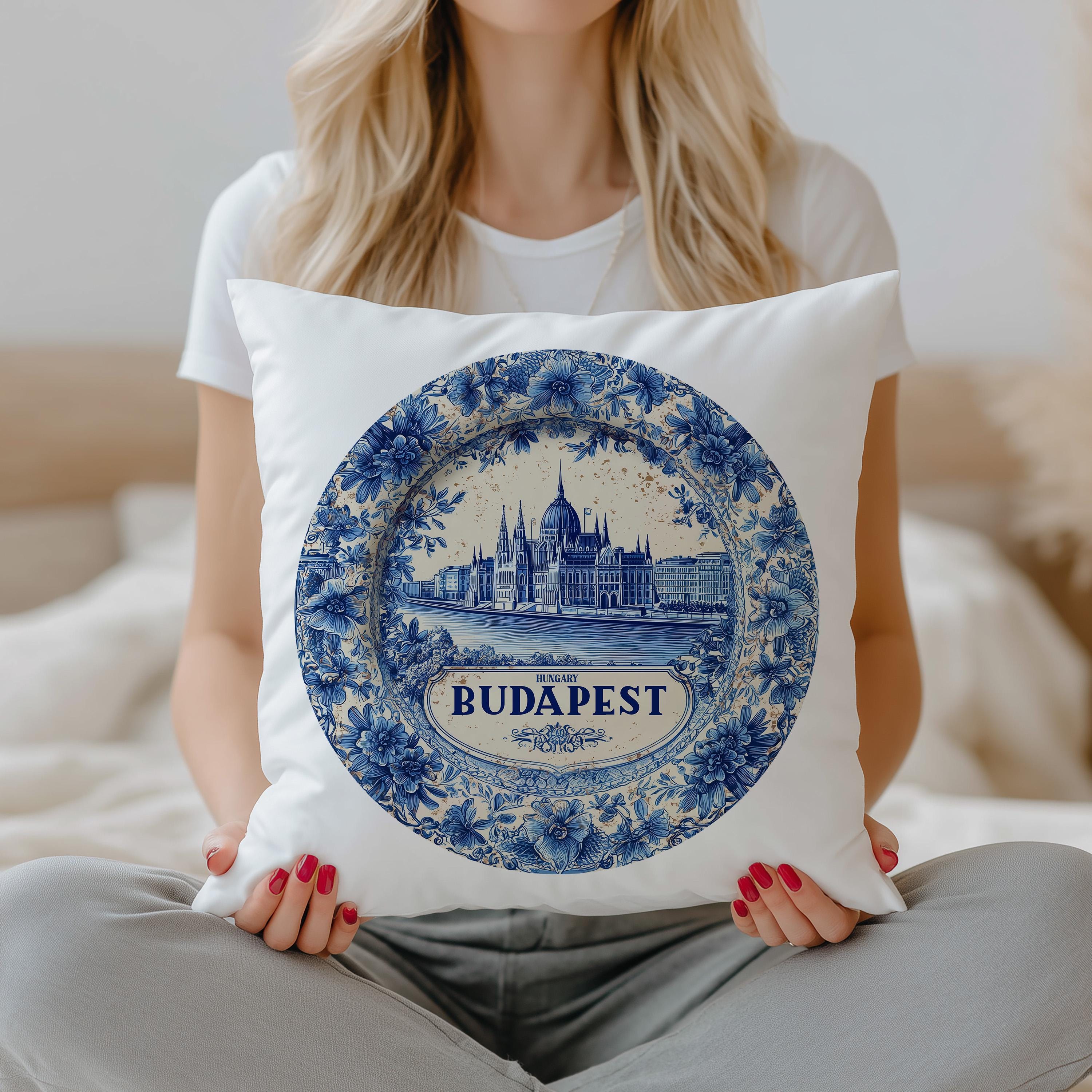 Budapest Hungary Pillowcase, Delft Style Decorative Throw Pillow, Vintage Cityscape Retro Home Decor