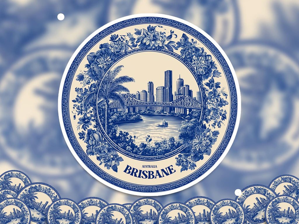 Brisbane Australia Sticker Vintage Delft style, Delftware Decal Waterproof Vinyl, Blue City Travel