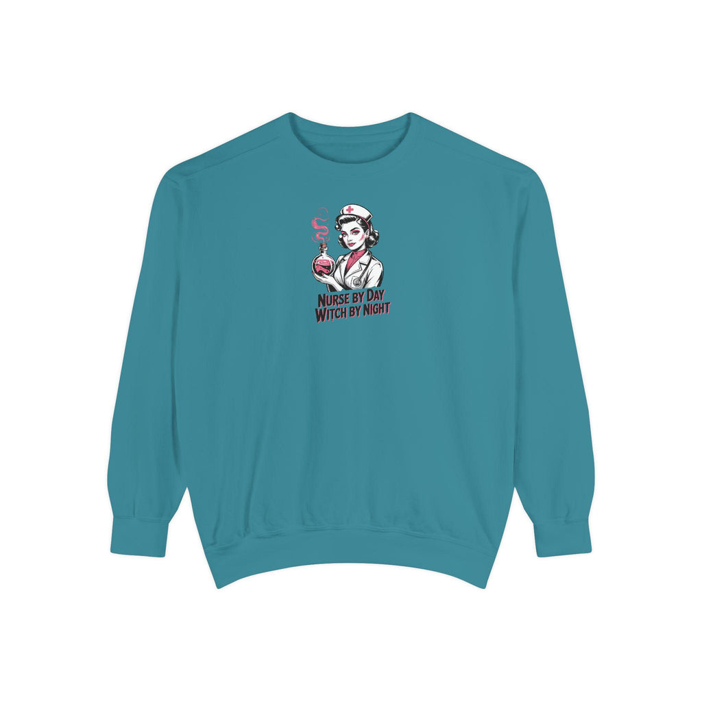 Nurse by Day Witch by Night Halloween Nurse Sweatshirt, Spooky RN Fall Top Cozy Autumn Pullover, Cute Retro Gift for Nurse