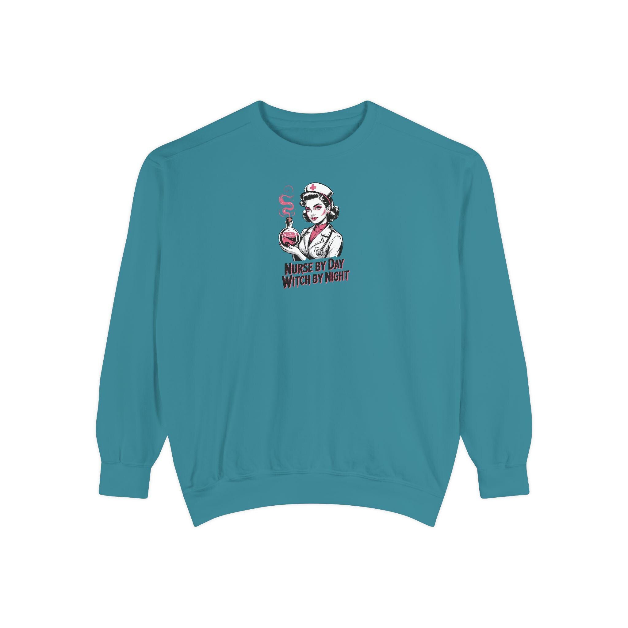 Nurse by Day Witch by Night Halloween Nurse Sweatshirt, Spooky RN Fall Top Cozy Autumn Pullover, Cute Retro Gift for Nurse