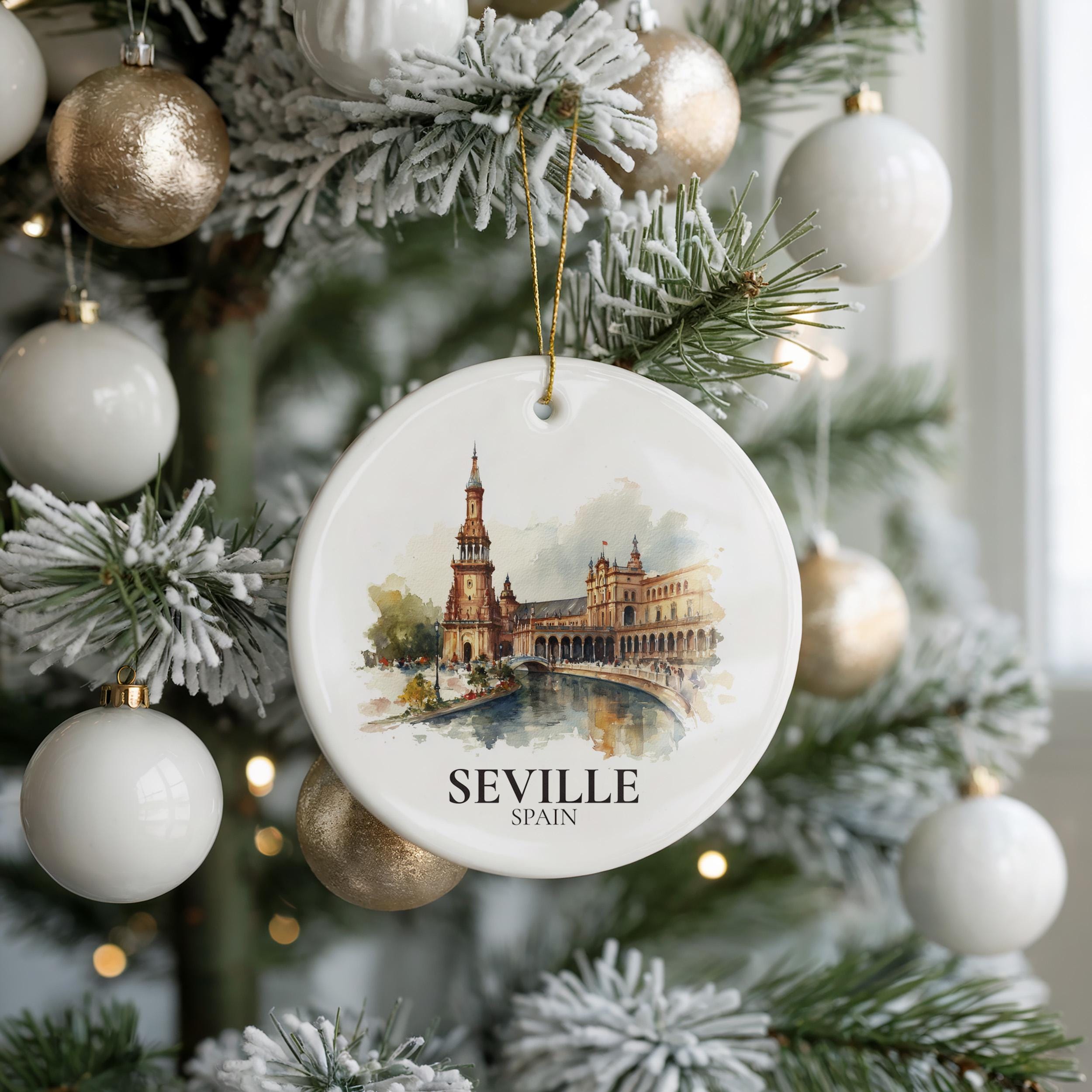 Seville Spain Personalized Watercolor Ornament, Custom Ceramic Christmas gift, Travel Keepsake