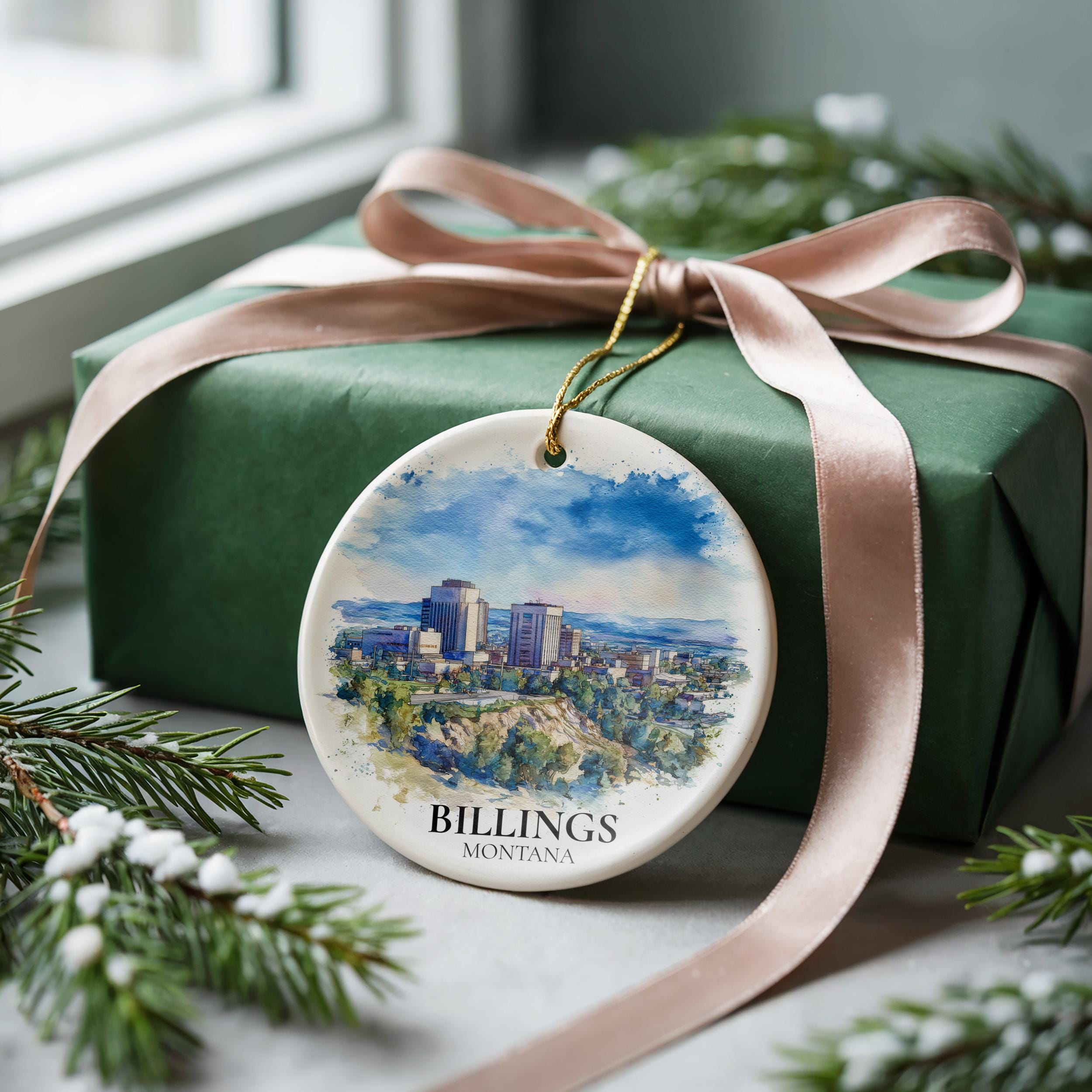 Billings Montana Personalized Watercolor Ornament, Custom Ceramic Christmas gift, Travel Keepsake
