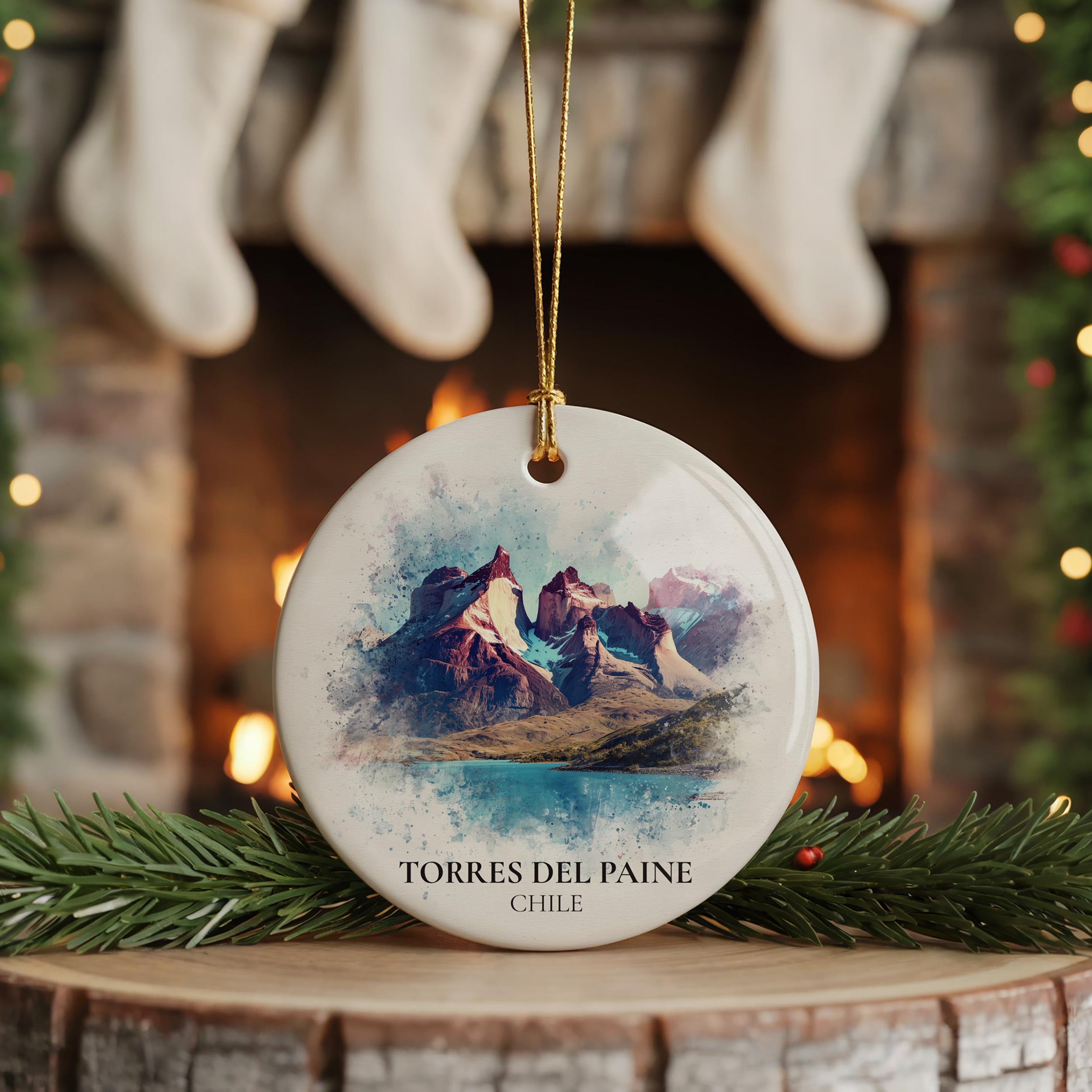 Torres del Paine Chile Personalized Watercolor Ornament, Custom Ceramic Christmas gift, Travel Keepsake