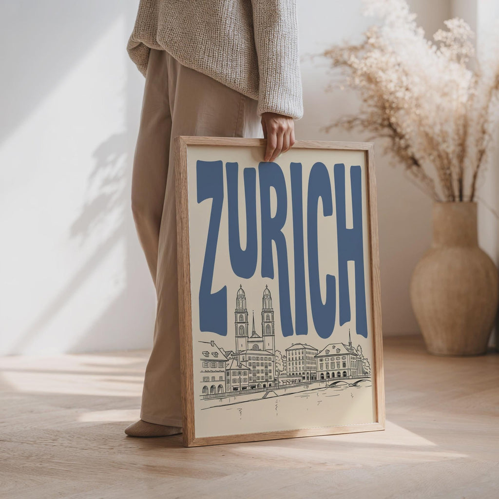 Zurich Skyline Wall Art, Framed Canvas Print, Switzerland Travel Poster