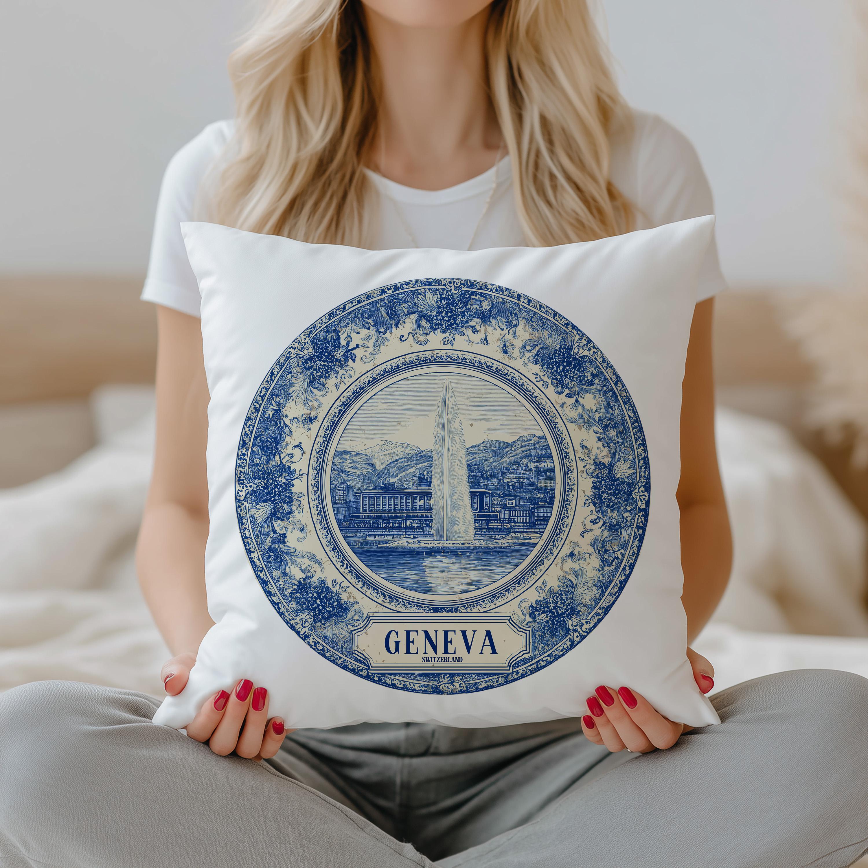 Geneva Switzerland Pillowcase, Delft Style Decorative Throw Pillow, Vintage Cityscape Retro Home Decor