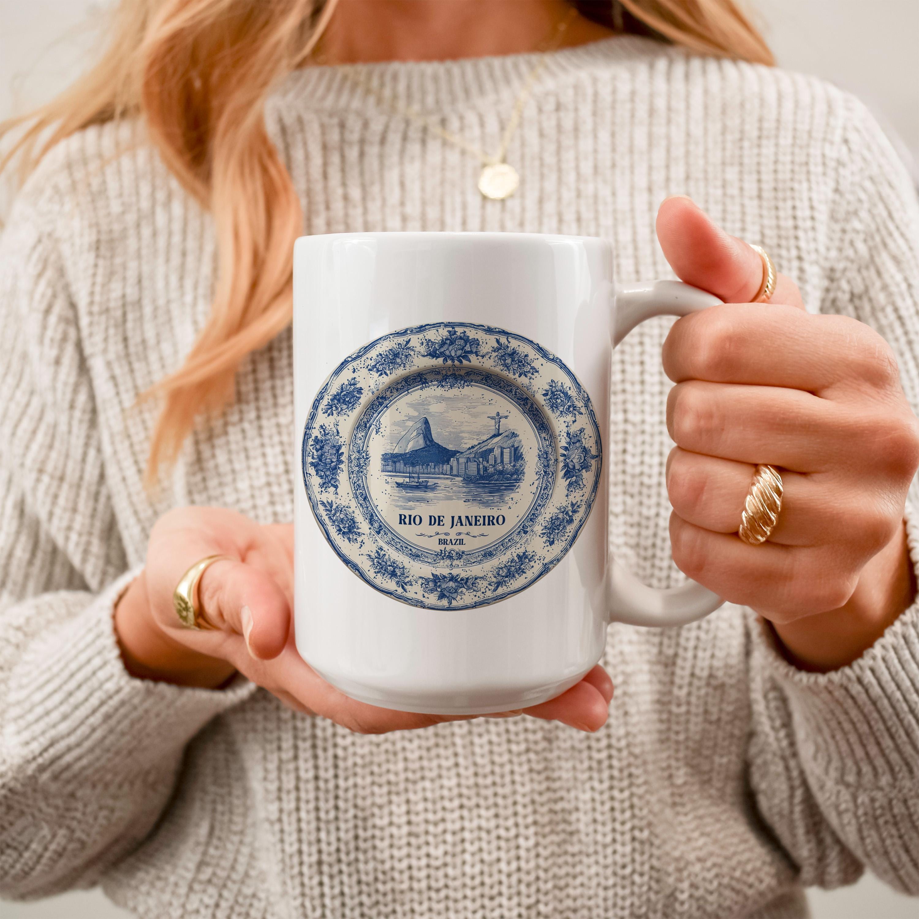 Rio Brazil Mug, Custom Delft Style cup, Personalized Vintage Travel City Gift