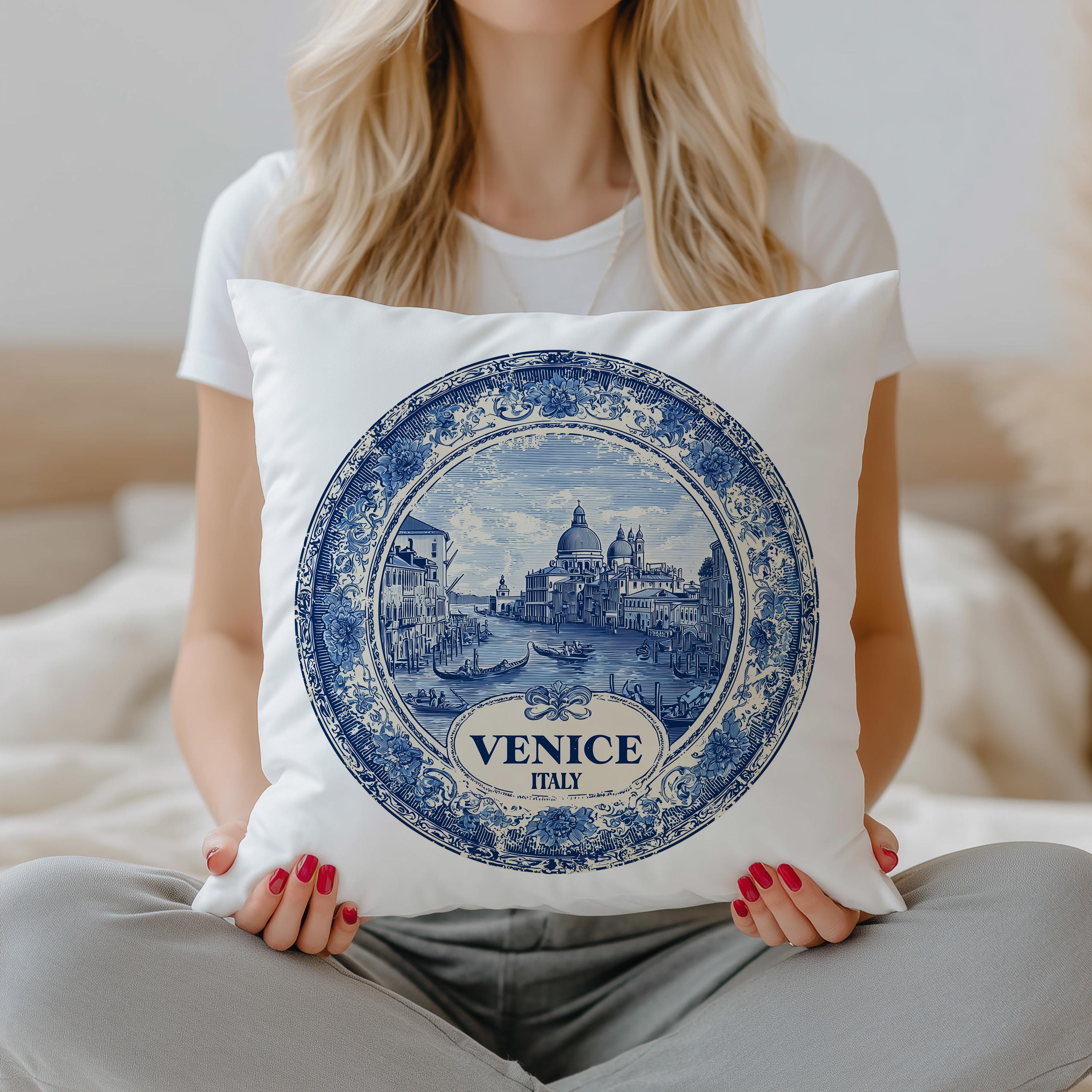 Venice Italy Pillowcase, Delft Style Decorative Throw Pillow, Vintage Cityscape Retro Home Decor