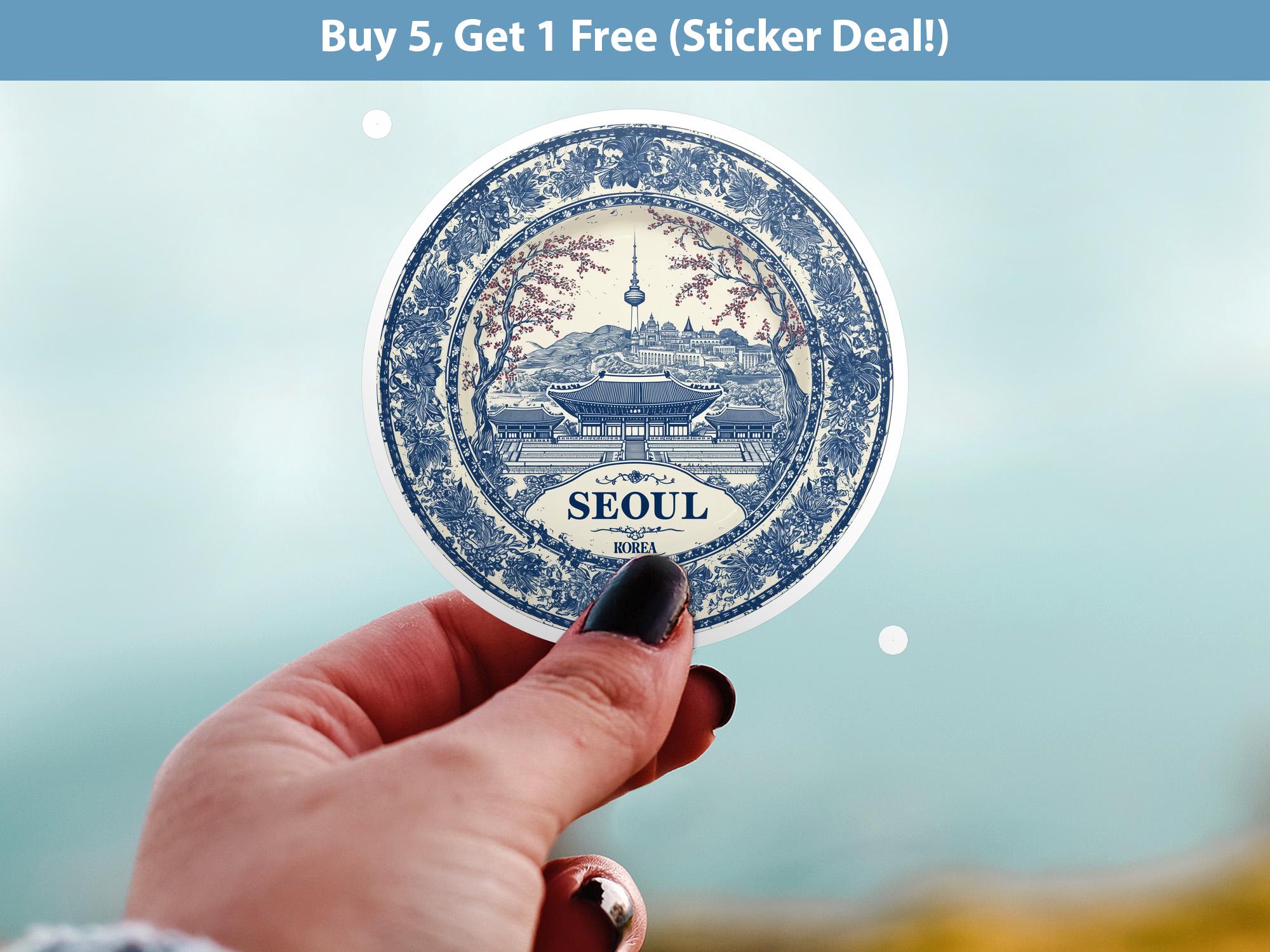 Seoul South Korea Sticker Vintage Delft style, Delftware Decal Waterproof Vinyl, Blue City Travel