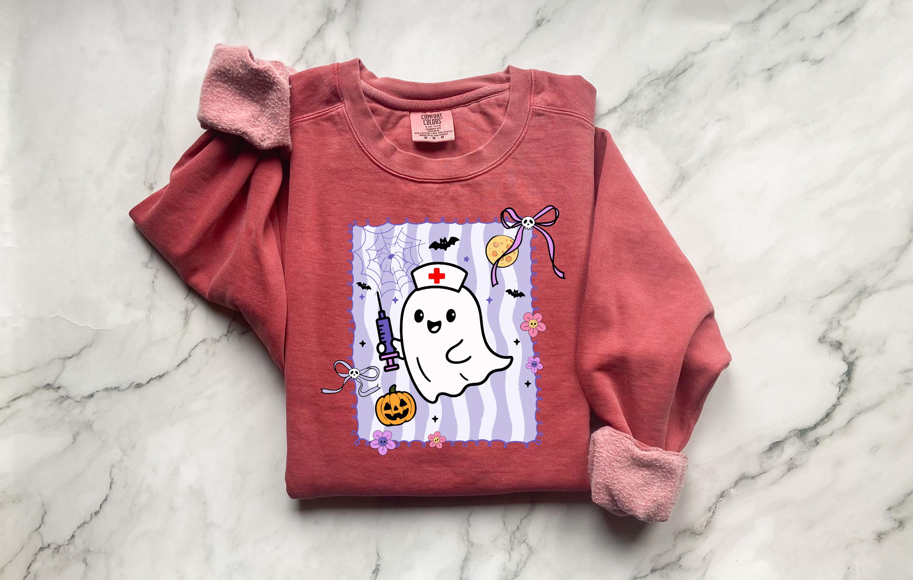Cute Ghost Halloween Nurse Sweatshirt, Spooky RN Fall Top, Funny Cozy Autumn Pullover, Cute Retro Gift for Nurse