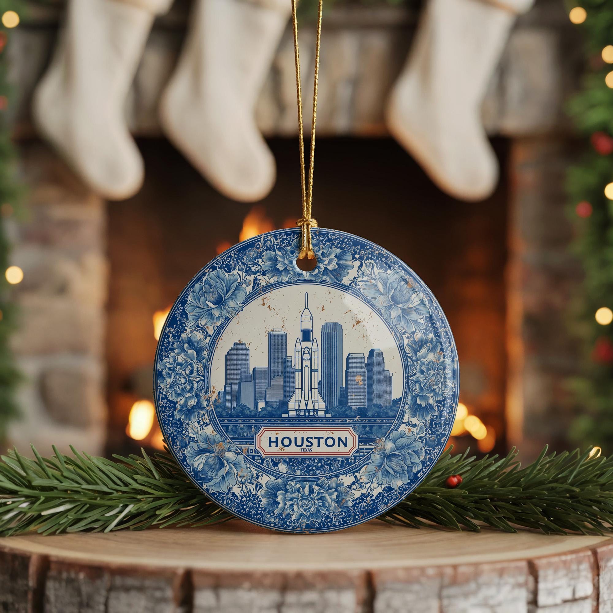 Custom Houston Texas Ceramic Delft Ornament, Christmas Delftware Blue Delftware city travel