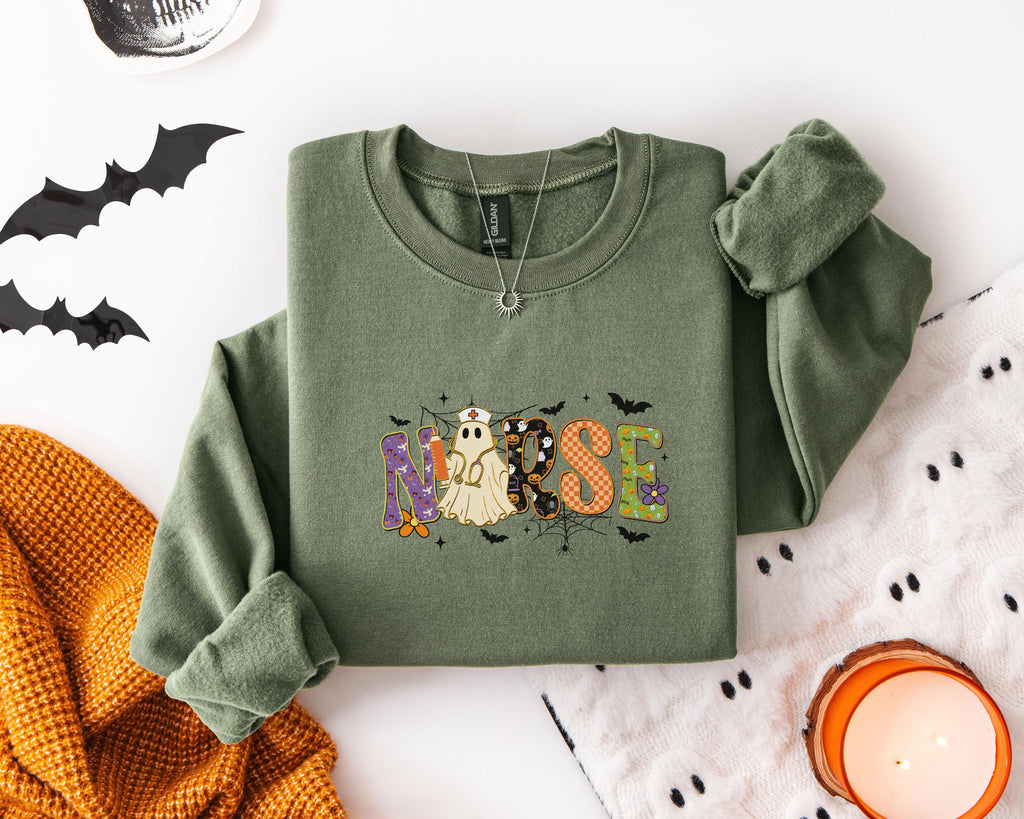 Halloween Nurse Shirt, Cute Ghost RN Tee, Spooky Letter Design Medical Top, Fall Trick or Treat Outfit, Halloween Gift for Nurse