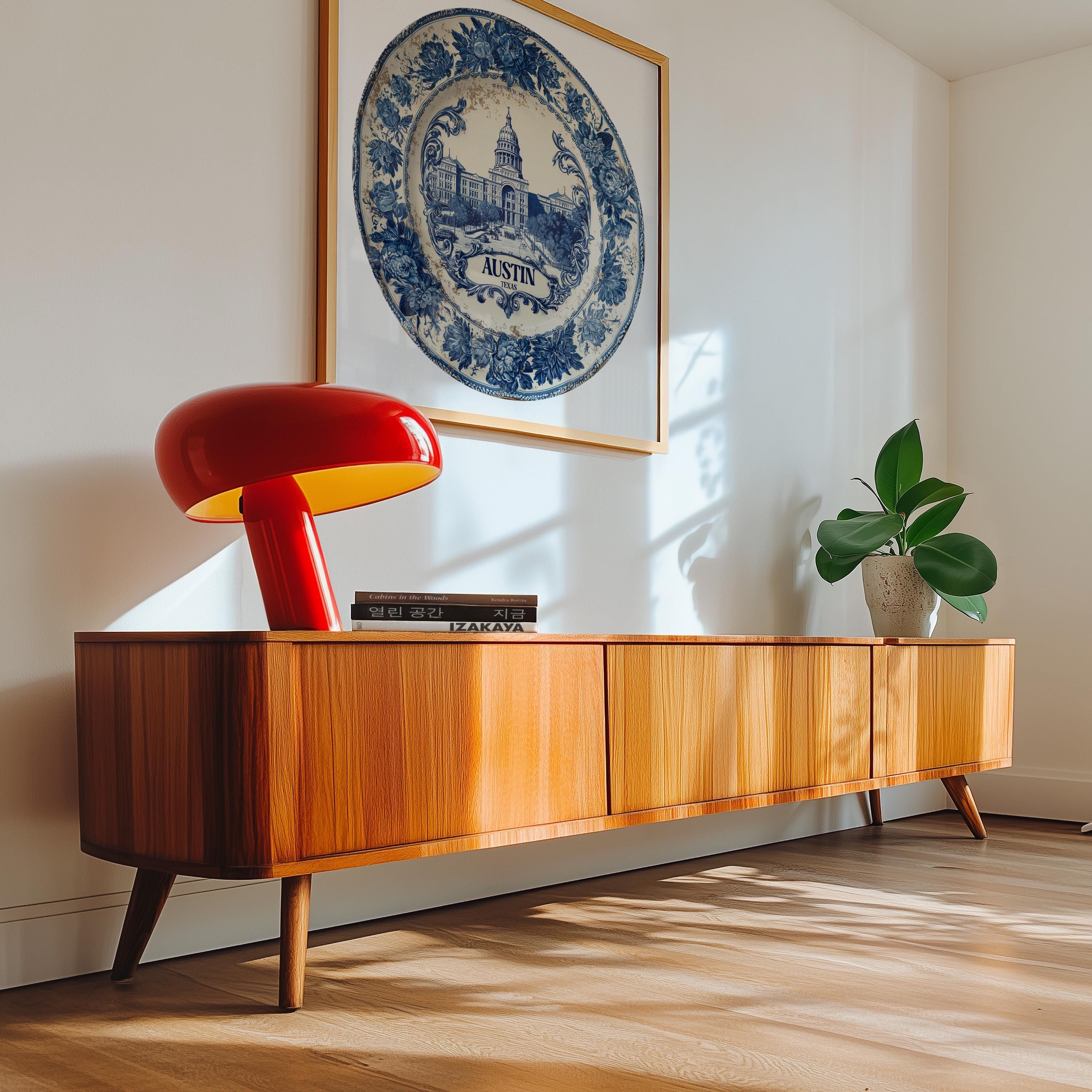 Austin Texas Wall Art, Vintage Delft Blue Poster, City Print, Travel Home Decor