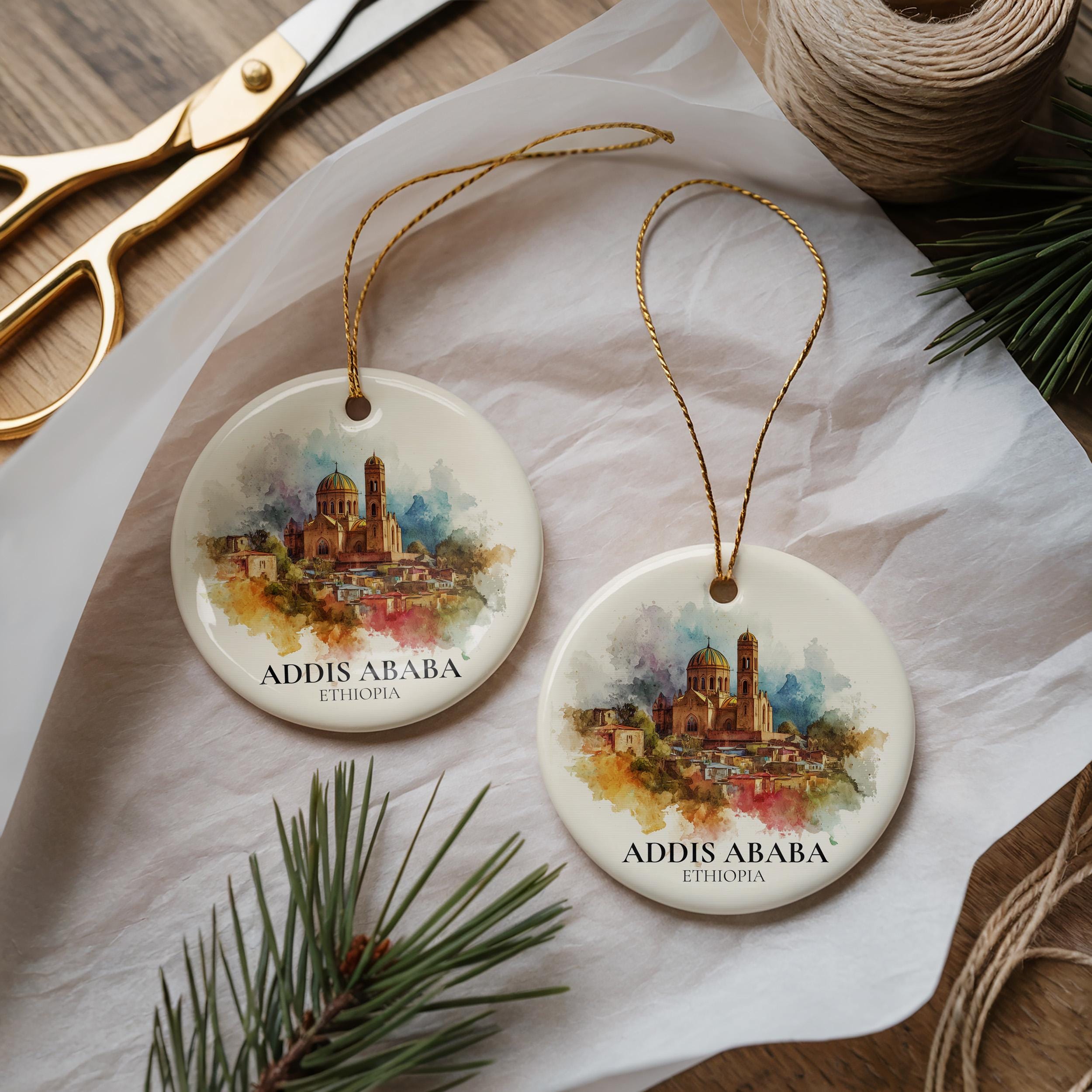 Addis Ababa Ethiopia Personalized Watercolor Ornament, Custom Ceramic Christmas gift, Travel Keepsake