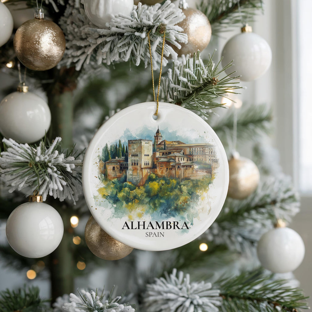 Alhambra Spain Personalized Watercolor Ornament, Custom Ceramic Christmas gift, Travel Keepsake