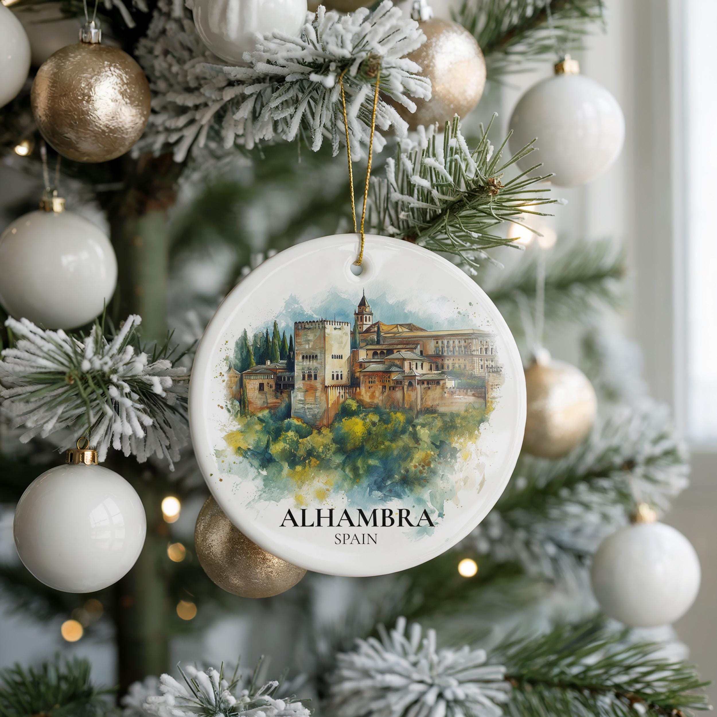 Alhambra Spain Personalized Watercolor Ornament, Custom Ceramic Christmas gift, Travel Keepsake