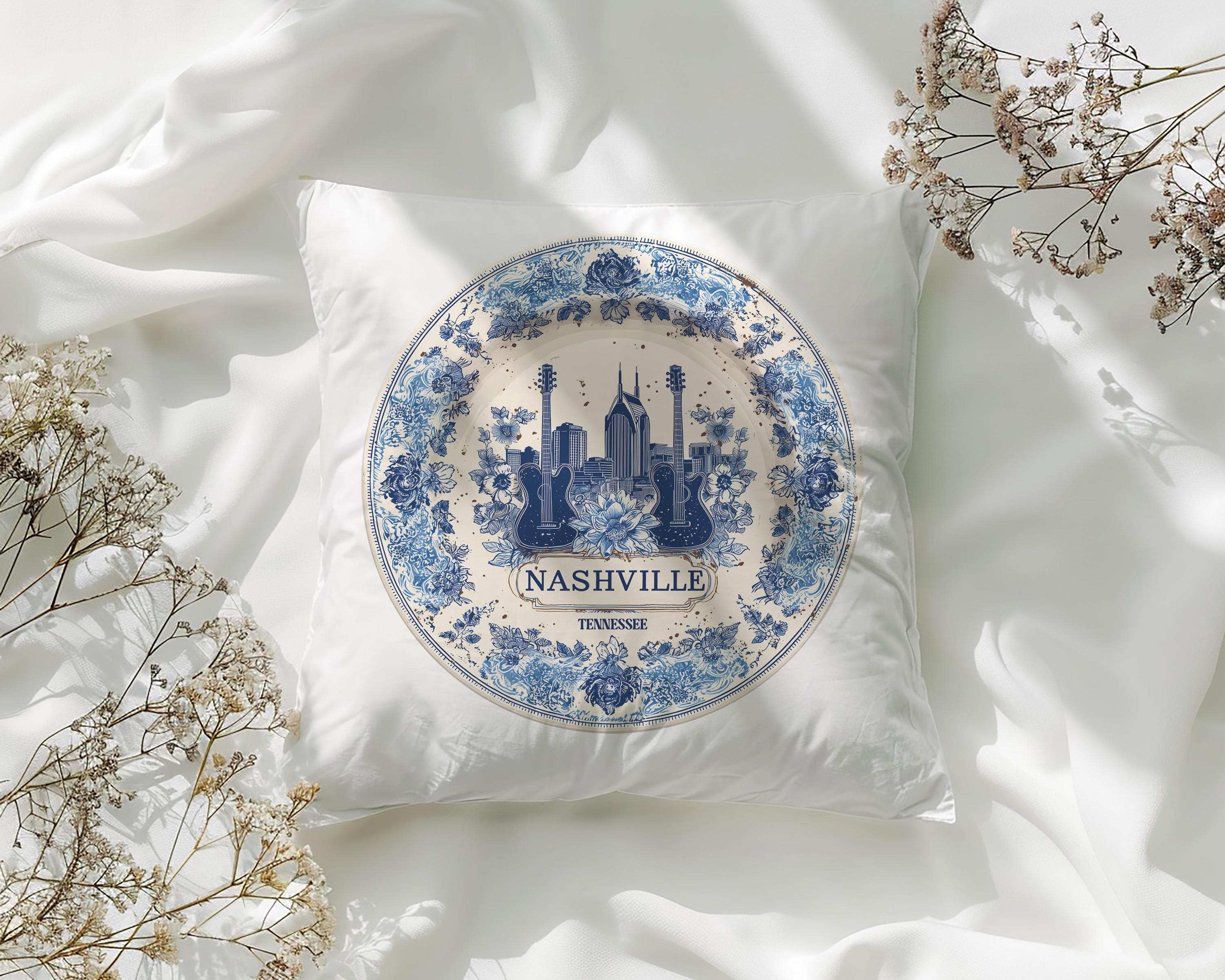 Nashville Tennessee Pillowcase, Delft Style Decorative Throw Pillow, Vintage Cityscape Retro Home Decor