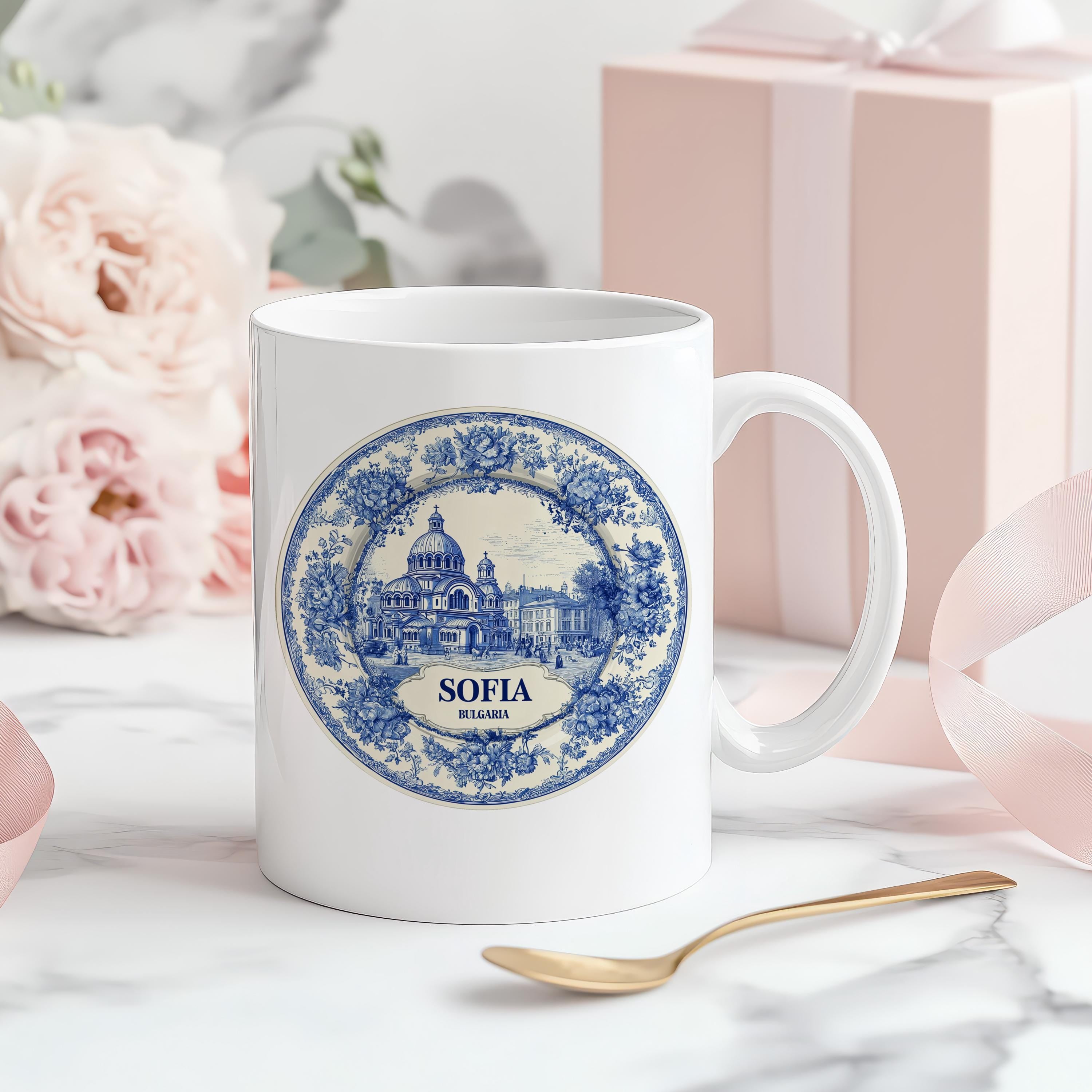Sofia Bulgaria Mug, Custom Delft Style cup, Personalized Vintage Travel City Gift