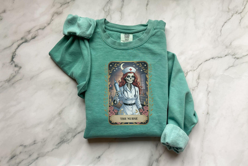 Skeleton Nurse Halloween Sweatshirt, Spooky Gothic Tarot Card Pullover, Creepy RN Medical Apparel, Retro Witchy Fall Top, Gift for Nurse