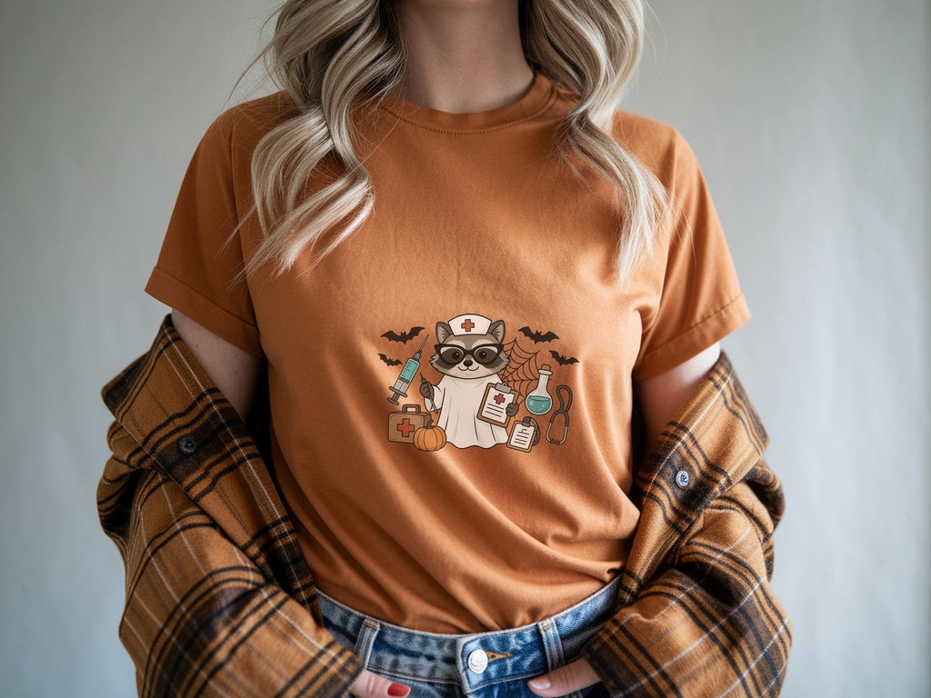 Raccoon Nurse Halloween Sweatshirt, Funny Halloween Nurse Shirt, Spooky Gift for Nurse RN, Fall Nurse Shirt, Unisex Medical Tee