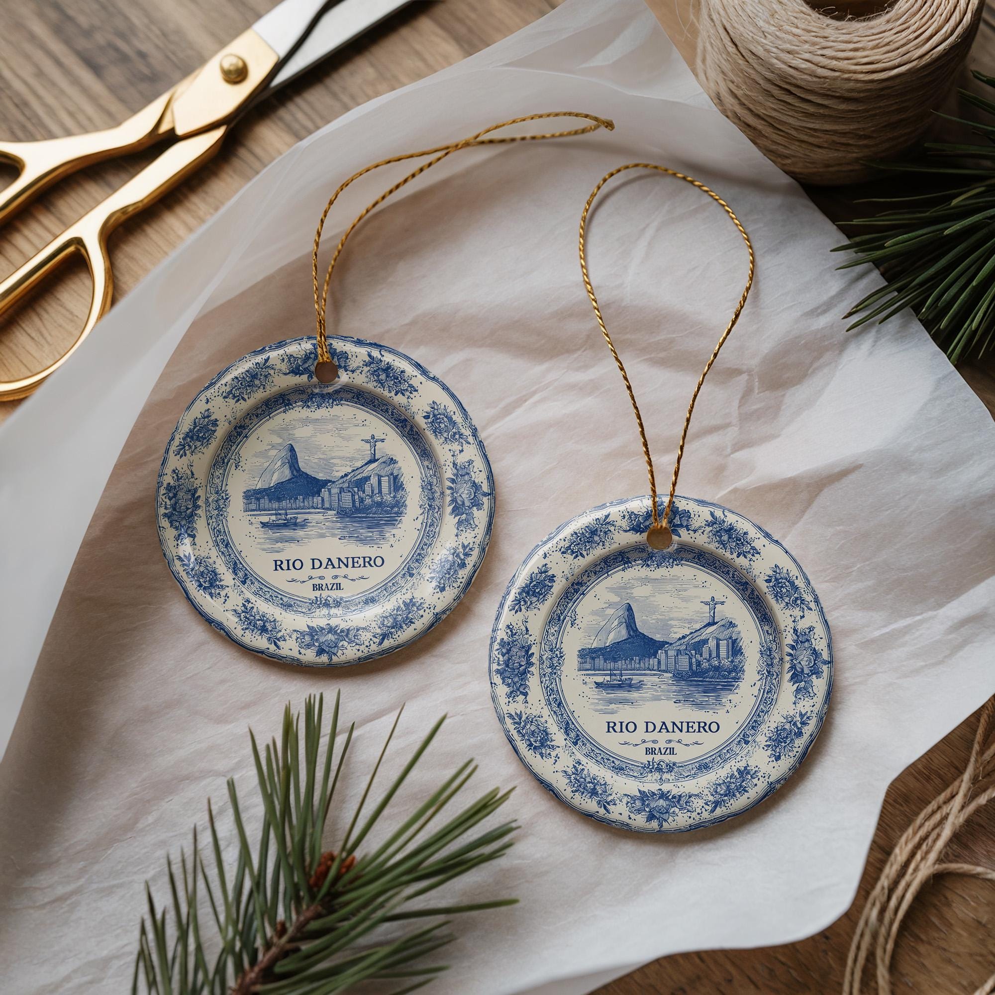 Custom Rio de Janeiro Brazil Ceramic Delft Ornament, Christmas Delftware Blue Delftware city travel