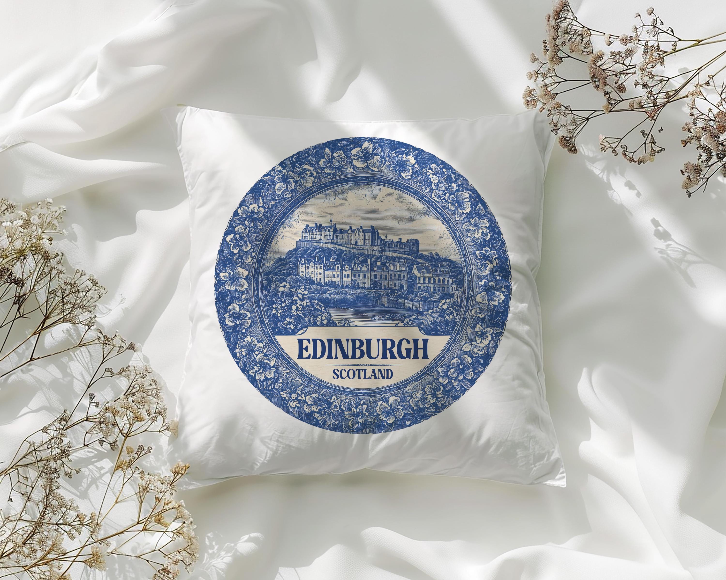 Edinburgh Scotland Pillowcase, Delft Style Decorative Throw Pillow, Vintage Cityscape Retro Home Decor