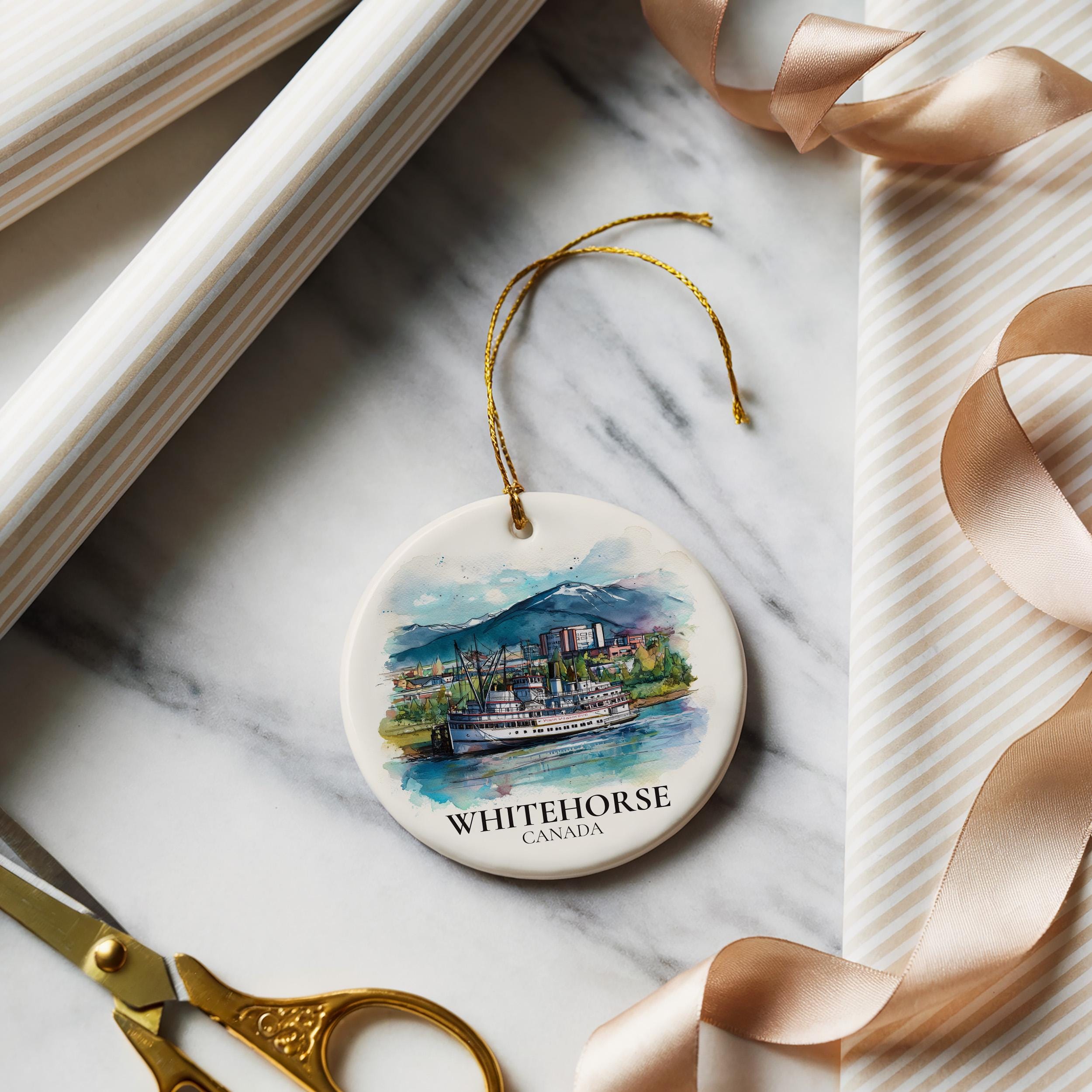 Whitehorse Canada Personalized Watercolor Ornament, Custom Ceramic Christmas gift, Travel Keepsake