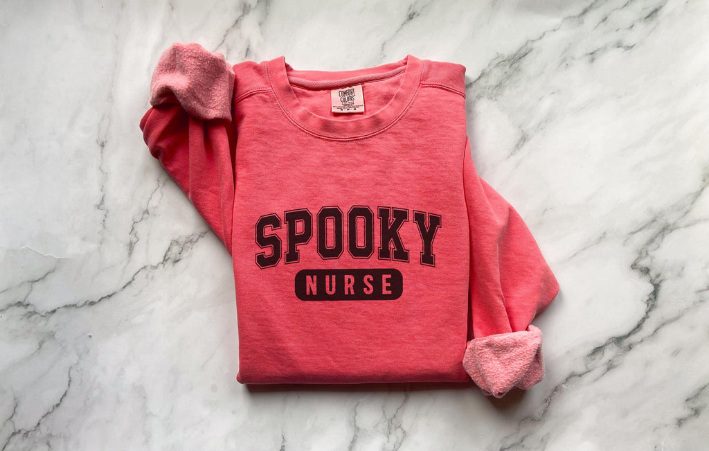 Spooky Nurse Halloween Sweatshirt, Funny RN Top in Retro College Font, Cute Medical Fall Apparel, Cozy Autumn Outfit, Unique Gift for Nurse