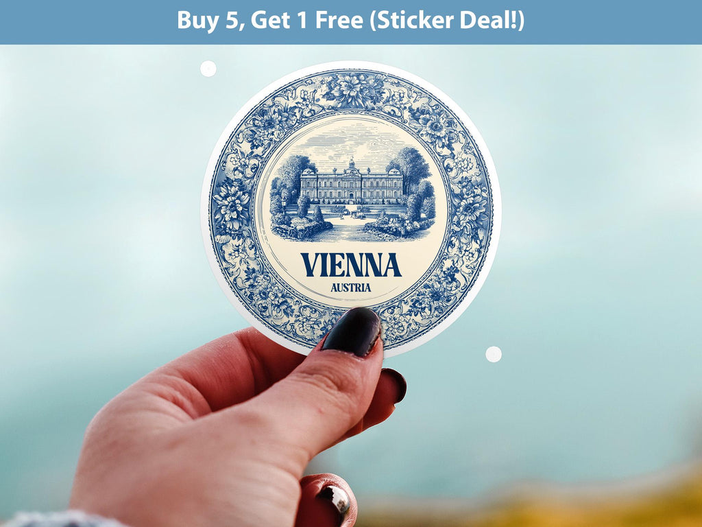 Vienna Austria Sticker Vintage Delft style, Delftware Decal Waterproof Vinyl, Blue City Travel