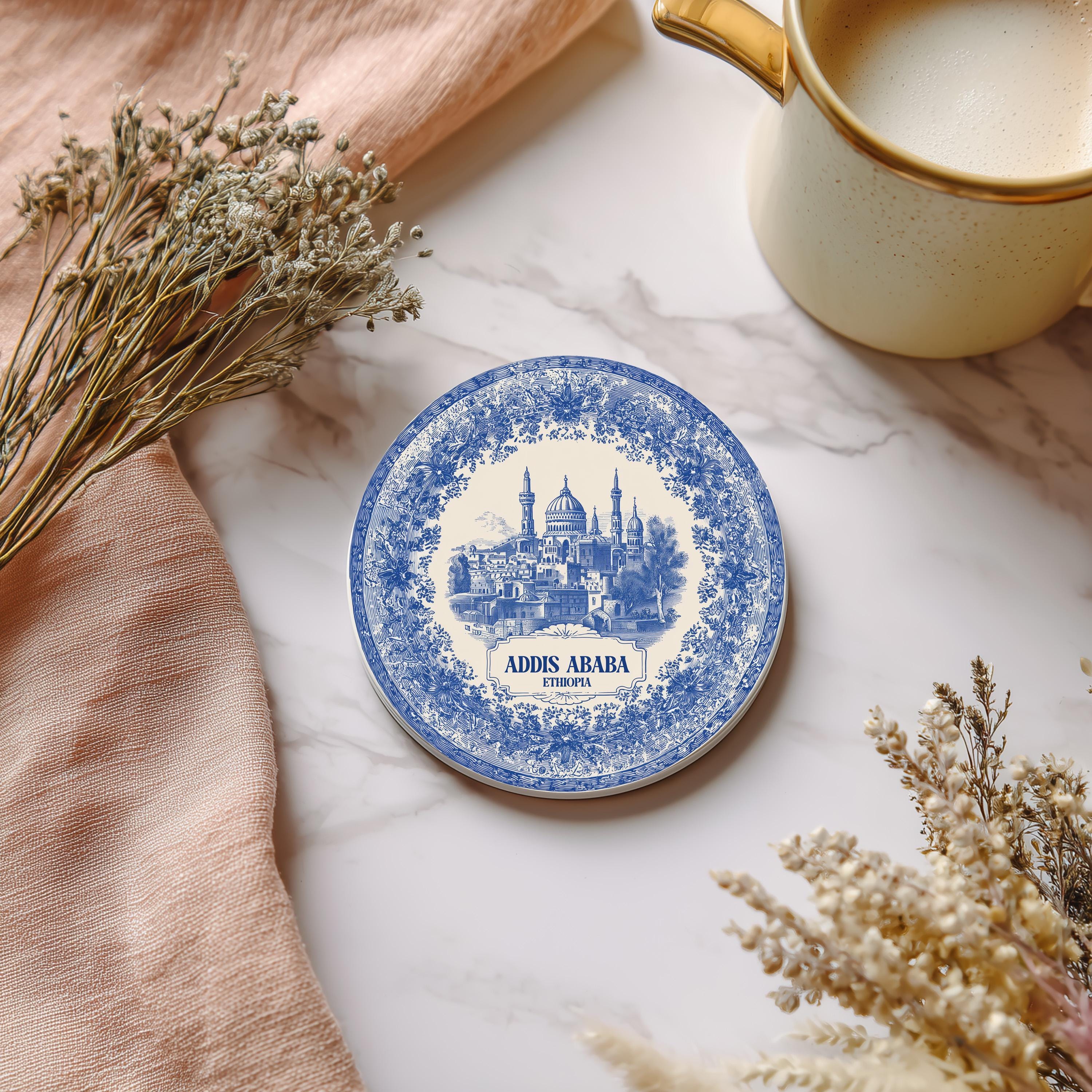 Addis Ababa Ethiopia Delftware Ceramic Coaster, Blue White Travel Gift, Vintage Home Decor Collectible
