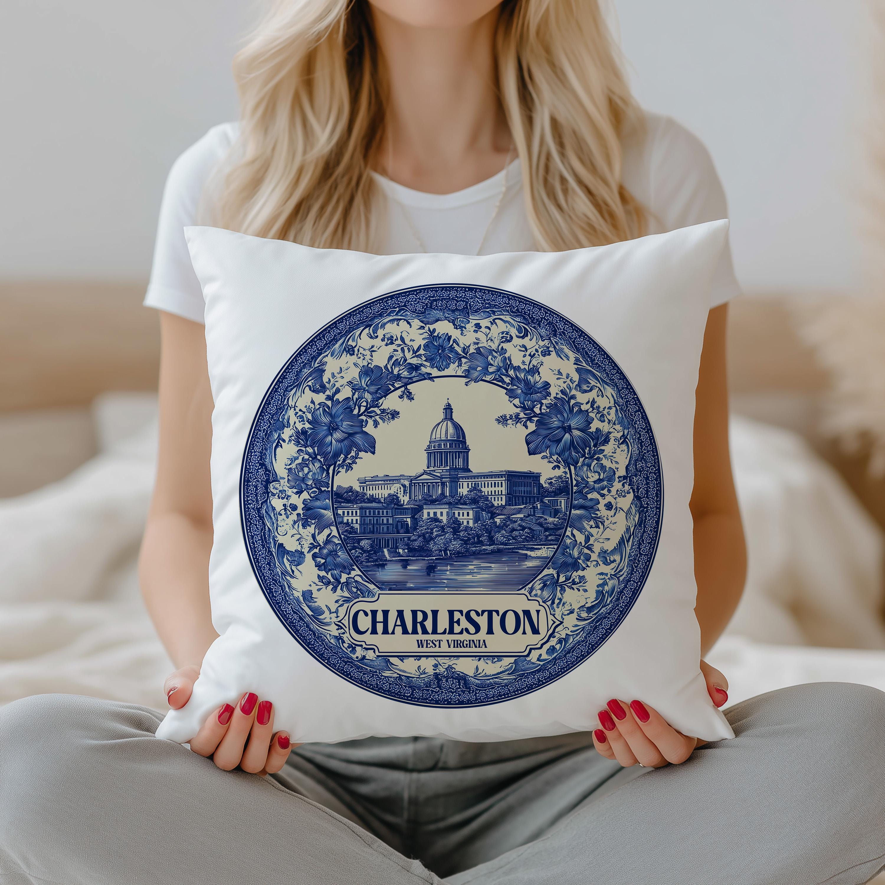 Charleston West Virginia Pillowcase, Delft Style Decorative Throw Pillow, Vintage Cityscape Retro Home Decor